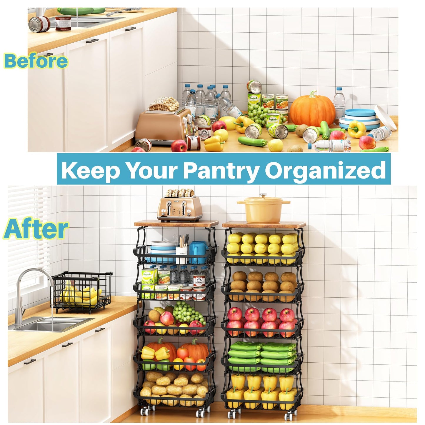6 Tier Pantry Organisers and Storage Vegetable Fruit Basket for Kitchen, Stackable Flexible Design