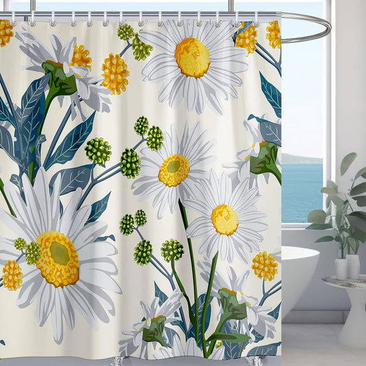 Hykiee Floral Daisy Shower Curtain Waterproof Mould & Mildew Resistant, Flower Washable Quick-Drying Polyester Shower Curtain with 12 Hooks for