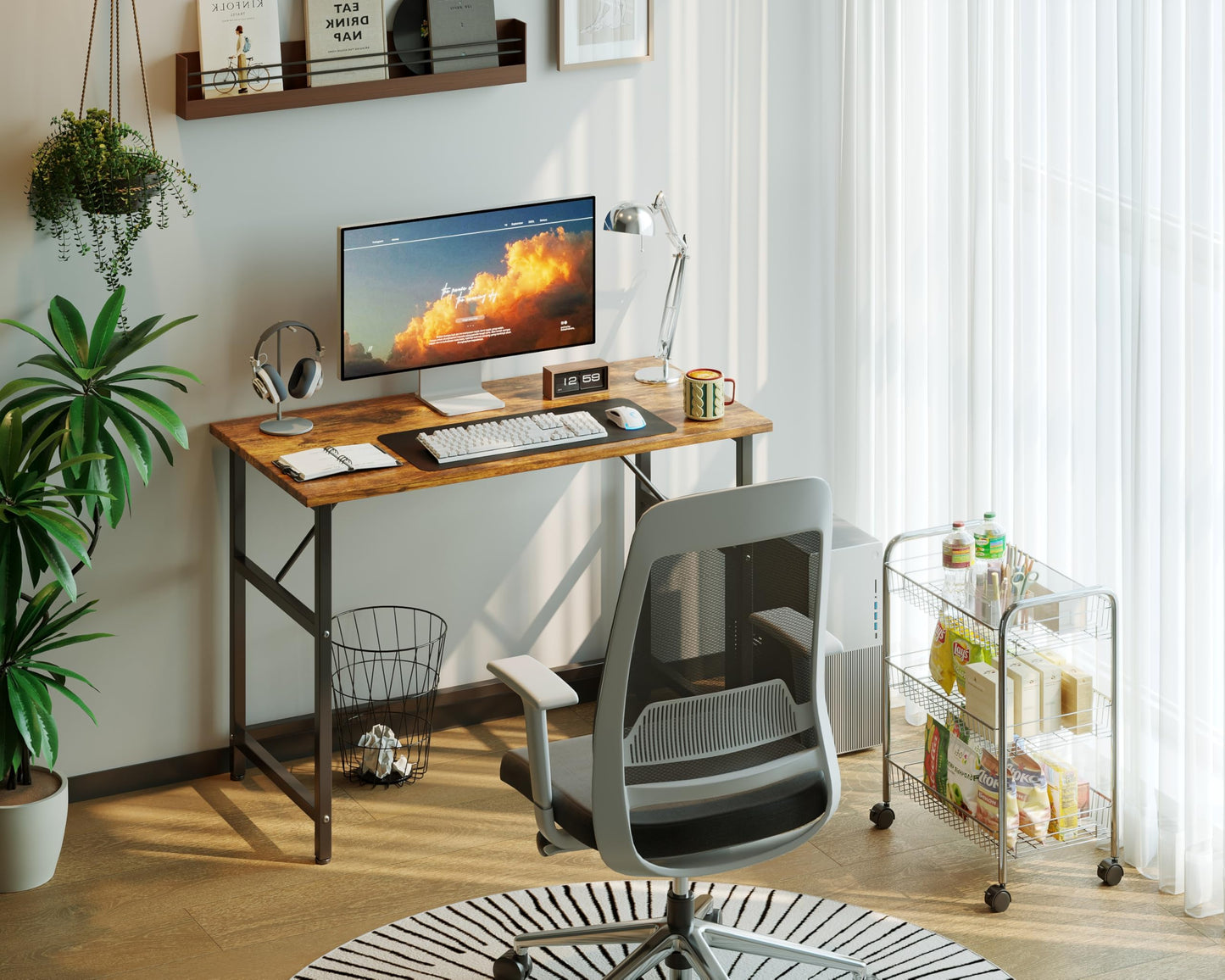 Xyphren 100cm Desk, Small Computer Desk for Home Office, Study Writing Table for Bedroom Living Room, Easy Assembly Metal Frame Industrial Style Brown