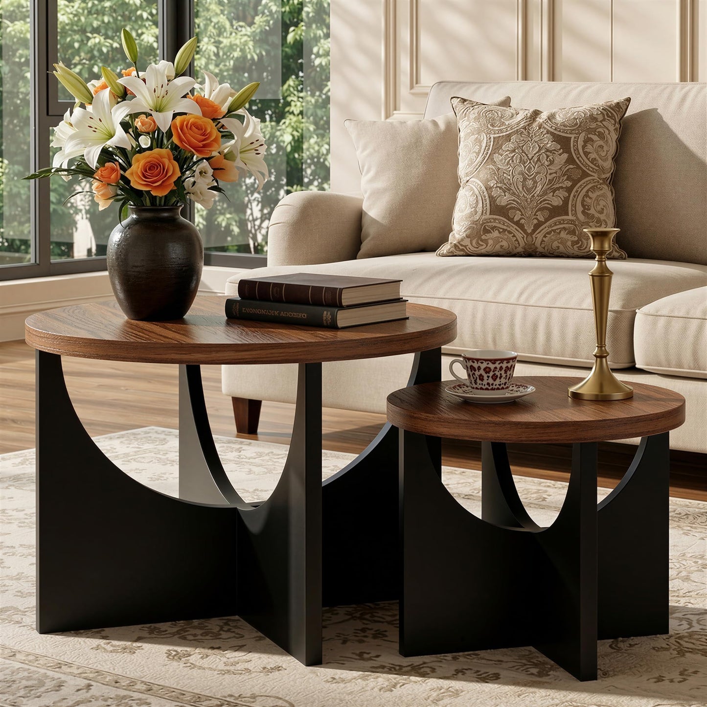 IRONCK Nesting Coffee Table Set of 2, Round Wooden Side Tables, Walnut