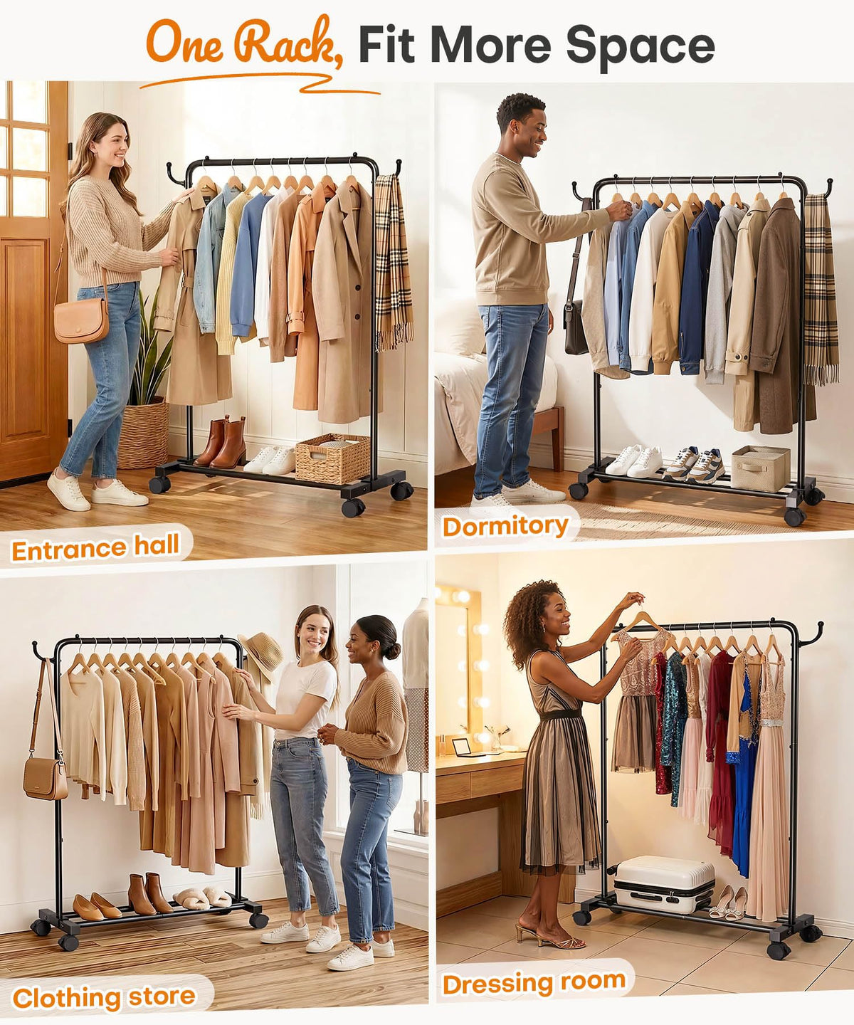 Yorbay Portable Clothes Rack for Bedroom: 4 Lockable Wheels Move Rooms