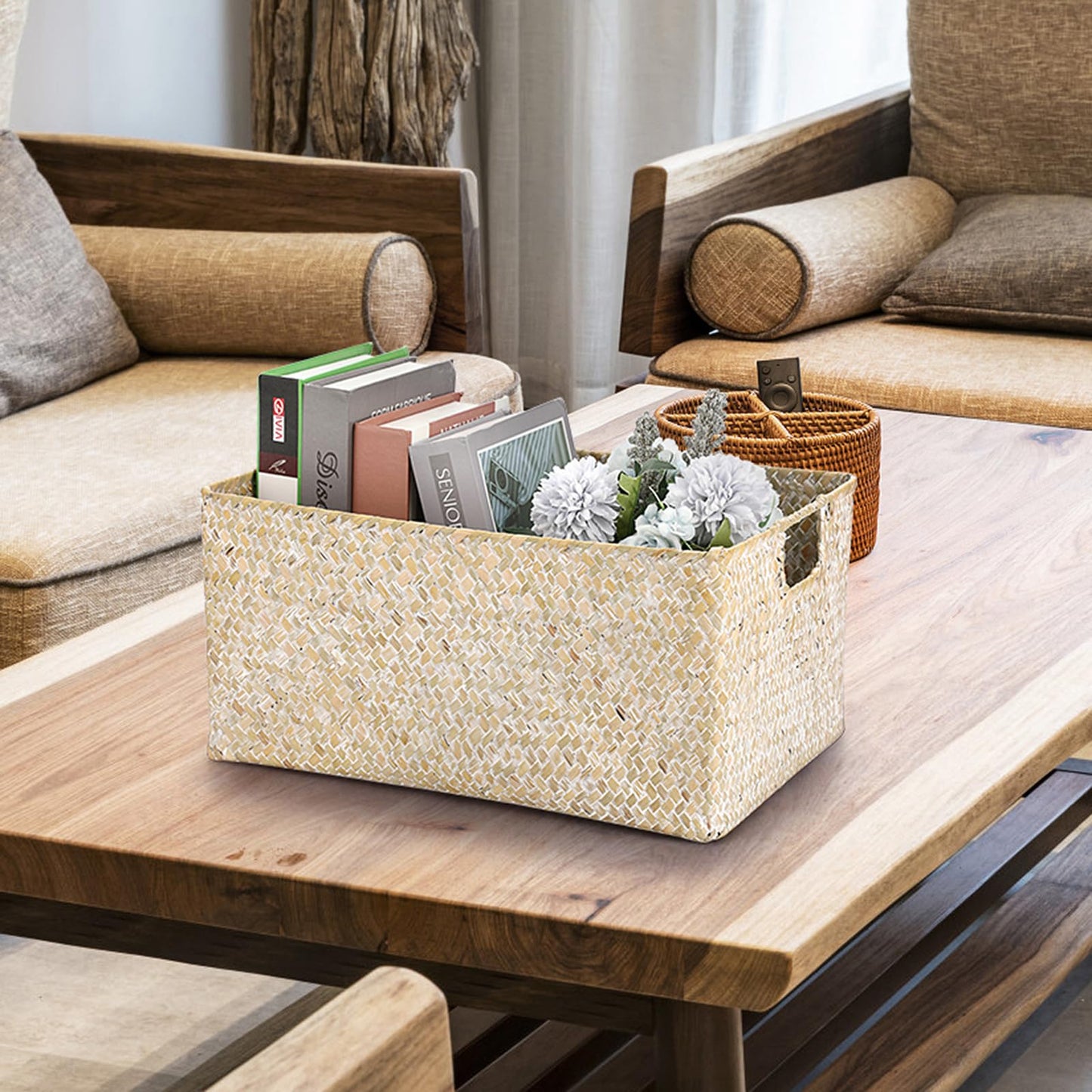 IGNPION Seagrass Storage Basket Woven Seagrass Desktop Rectangular Bathroom Storage Organiser Box
