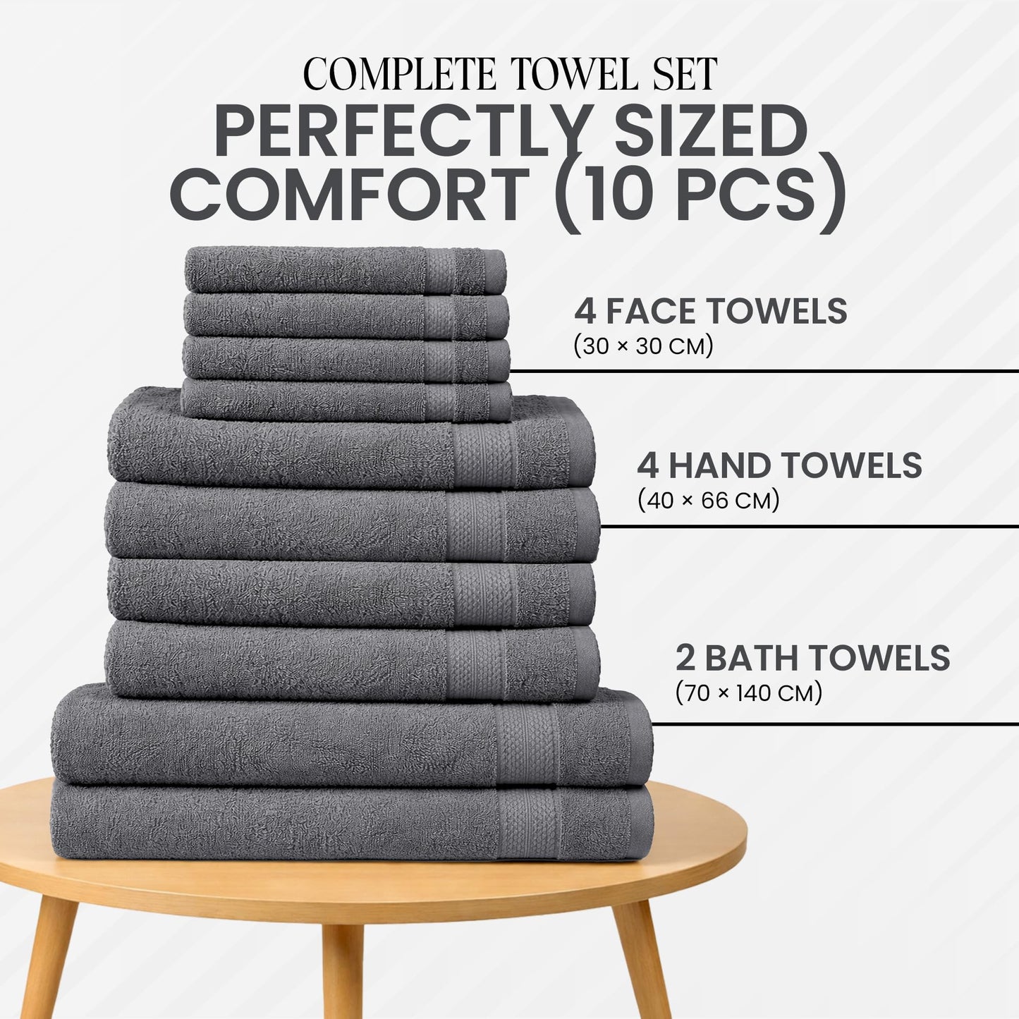 RAYMSTER 10 Piece Egyptian Cotton Towel Set - 2 Bath, 4 Face, & 4 Hand Towels Set for Daily Use - Soft, Highly Absorbent, Quick Dry, and Lightweight