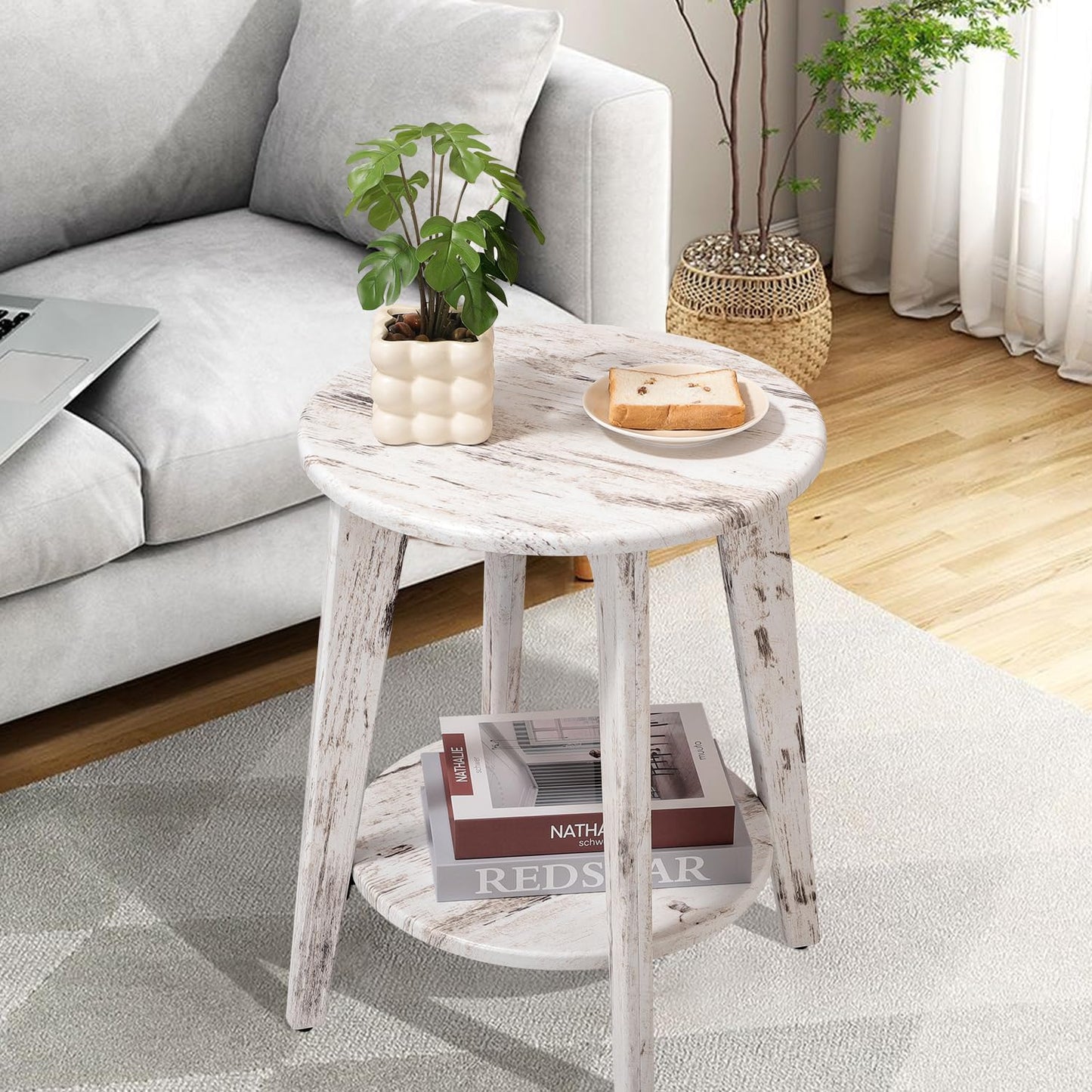 FEUFOAM Round Side Table White Wooden End Table with Lower Shelf Rustic Vintage Nightstand Beside Table Small Accent Tables for Living Room Bedroom