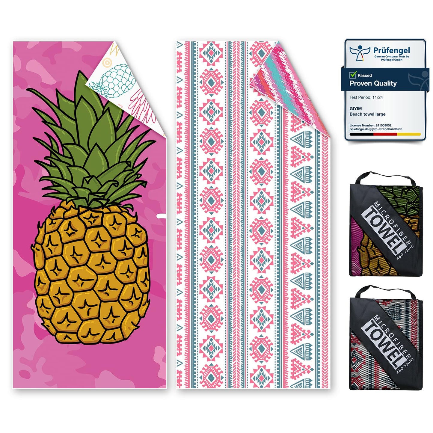 Beach Towels For Adults Extra Large - 2 Pack 200x90cm Lightweight microfibre beach towel with Mesh Bags