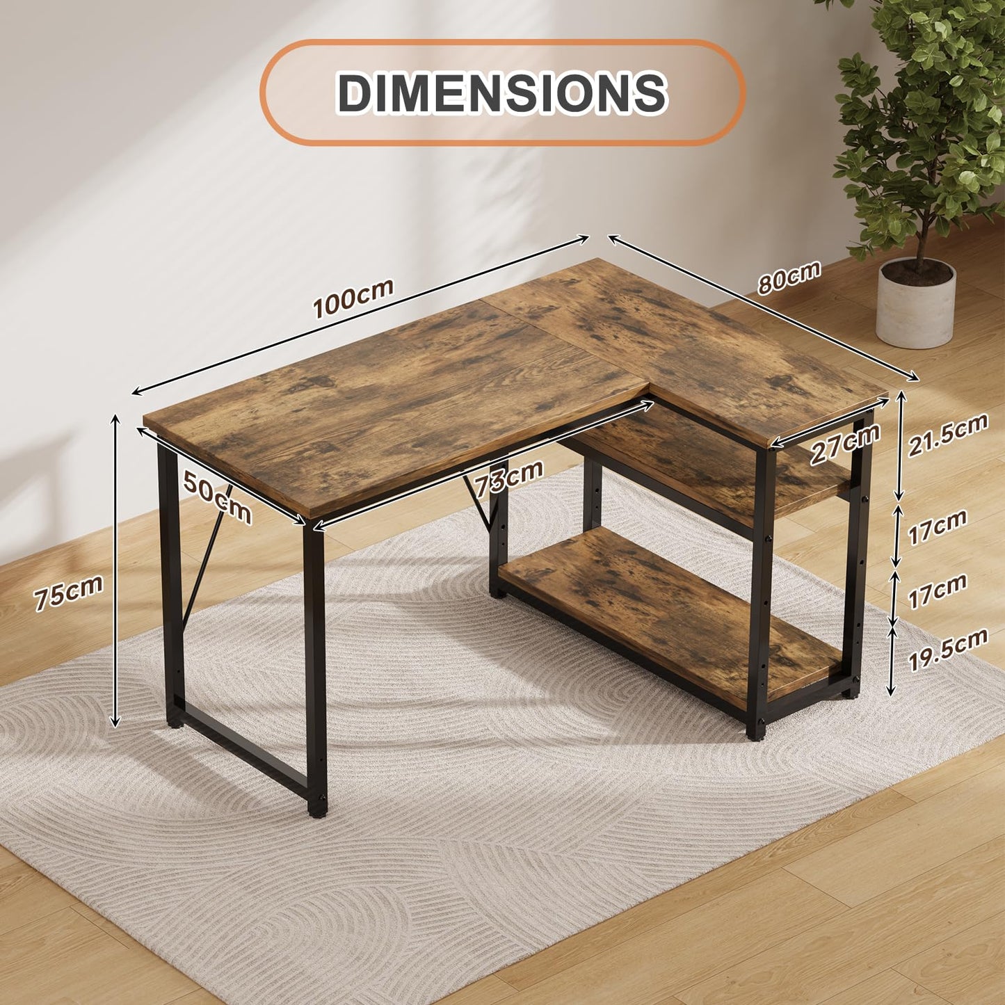 JUMMICO Small L Shaped Desk 100x80cm with Storage, Corner Computer Desk with Reversible Shelf, Sturdy Office Desk & Workstations for Home Office