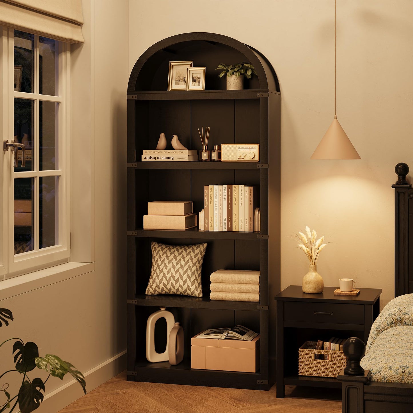 Lidzopas Arched 5-Tier Wooden Bookcase Cabinet with Doors for Office, Living Room, Bedroom, 71.65in Tall Farmhouse Bookshelf, Display & Storage Rack