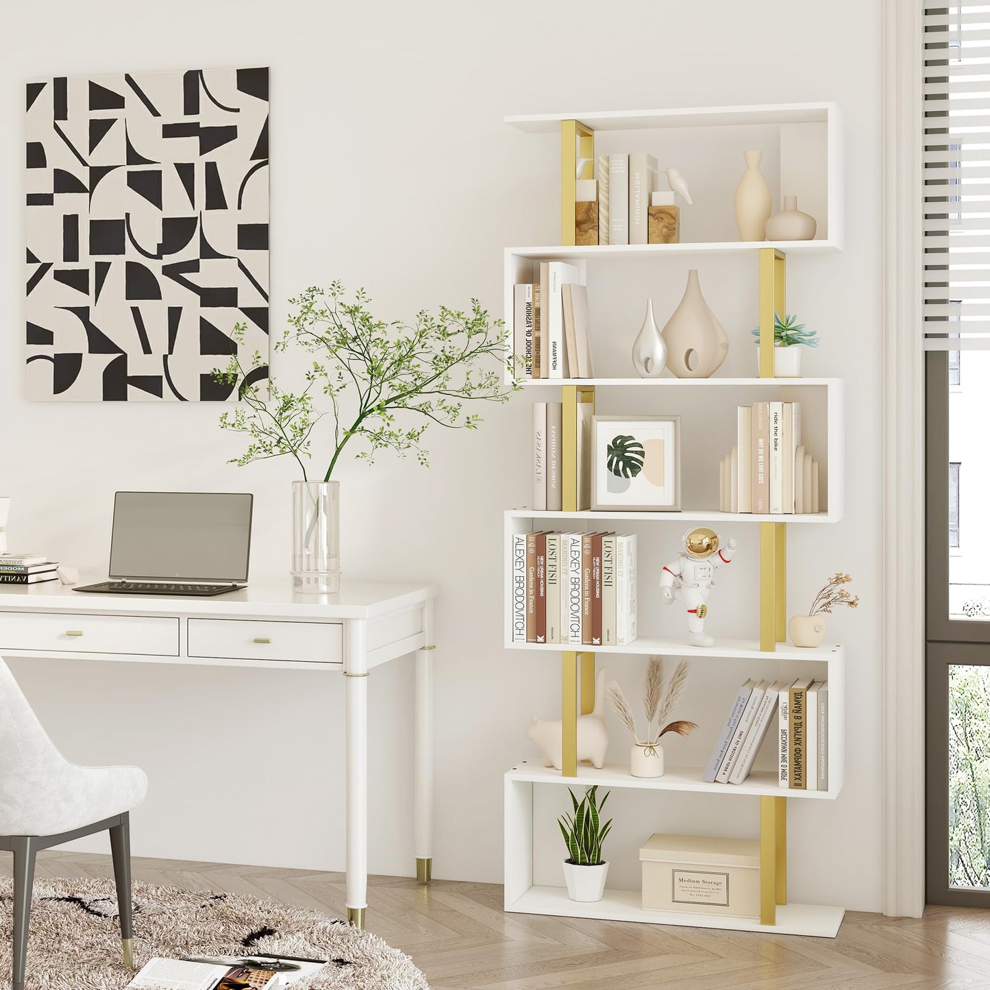 Yusong Bookshelf 6-Tier, Geometric Bookcase S Shaped Book Shelves for Bedroom, Modern Wood Decorative Display Shelf Tall Book Case for Home Office