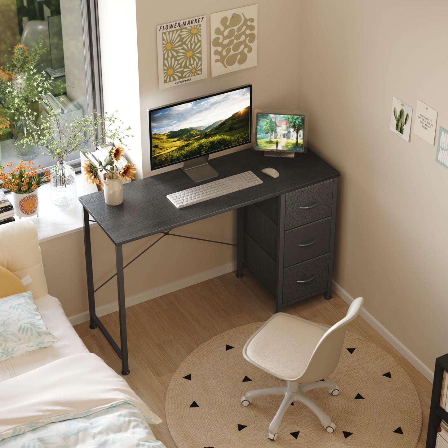 KitMent 100cm Wide Desk, Small Computer Desk with 3 Drawers, Home Office Desk with Adjustable Feet and Sturdy Frame