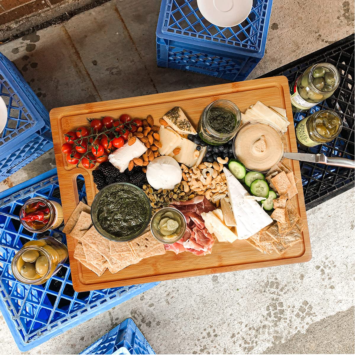 NIUXX Bamboo Cutting Board Kitchen, Extra Large Chopping Board with Built-in Compartments & Juice Grooves, 50 x 36 x 2 cm Carving Butcher Board with