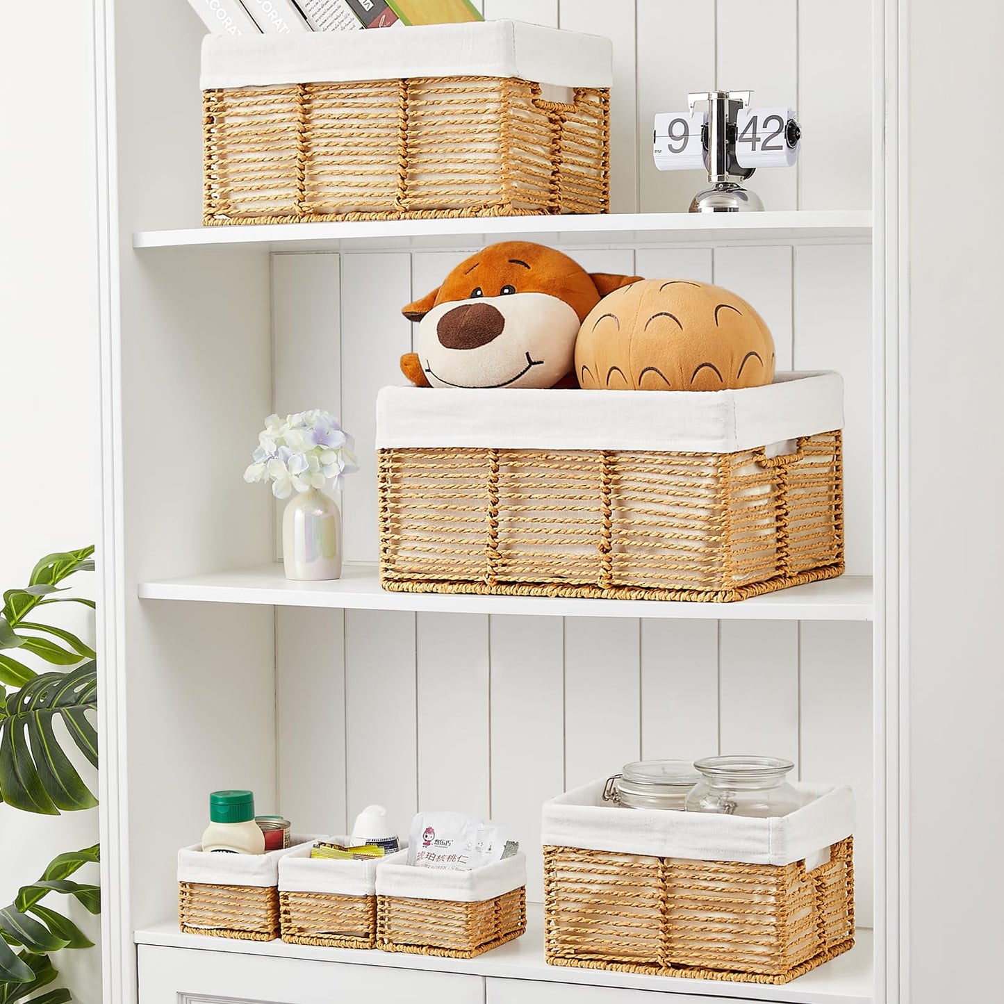 Vagusicc Wicker Storage Basket, Set of 6 Hand-Woven Display Hamper Basket with Handle, Wicker Basket for Shelves Closet