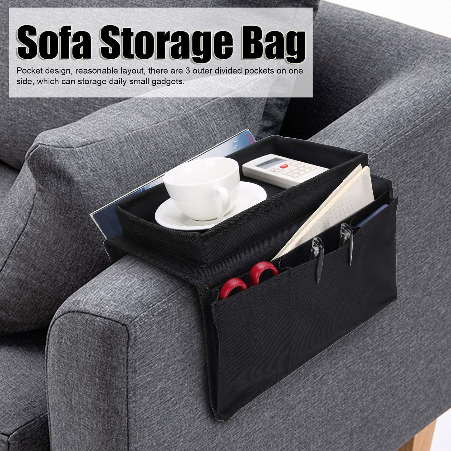 Ejoyous Sofa Armrest Organizer, 4 Pockets Couch Bag for TV Remote Control, Oxford Cloth Armchair Storage with Cup Holder Tray (Black)