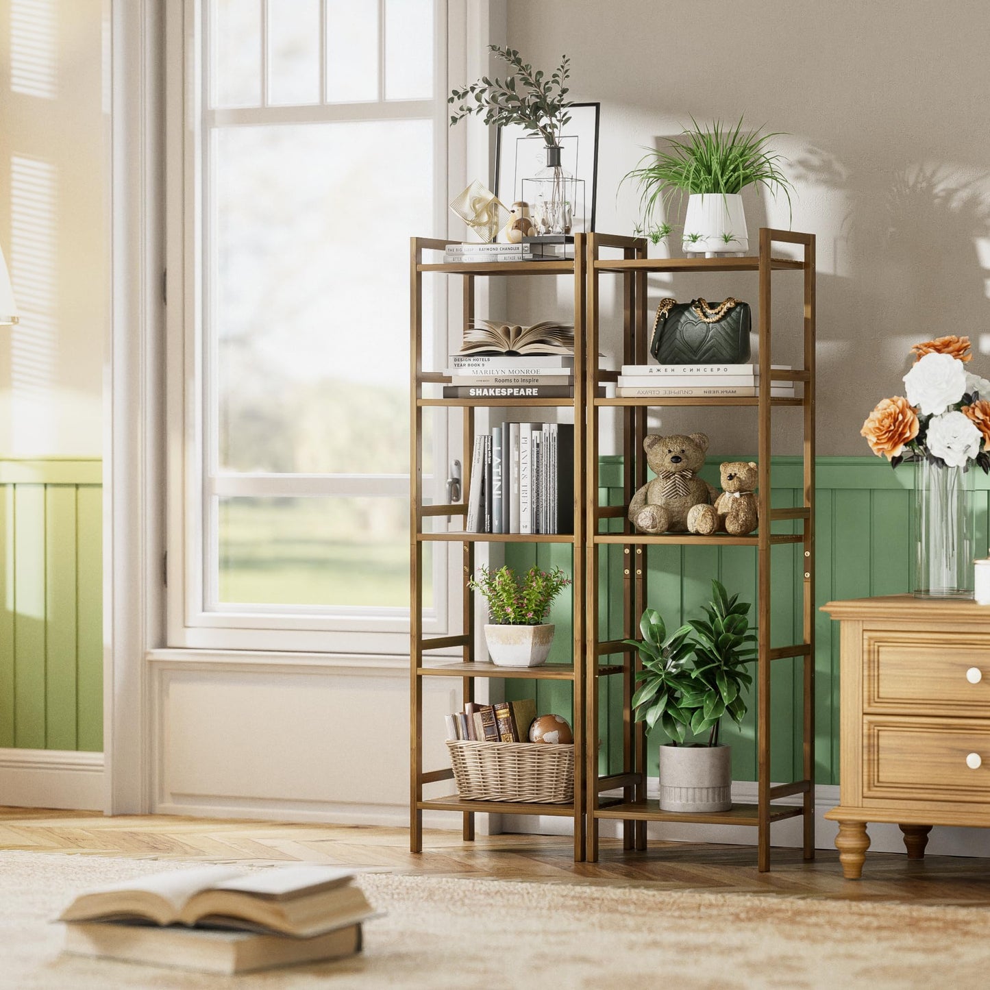 HITNET 5-Tier Tall Bookcase, Narrow Adjustable Bamboo Book Shelf for Small Spaces, Floor Standing Storage Organizer Rack for Home Office
