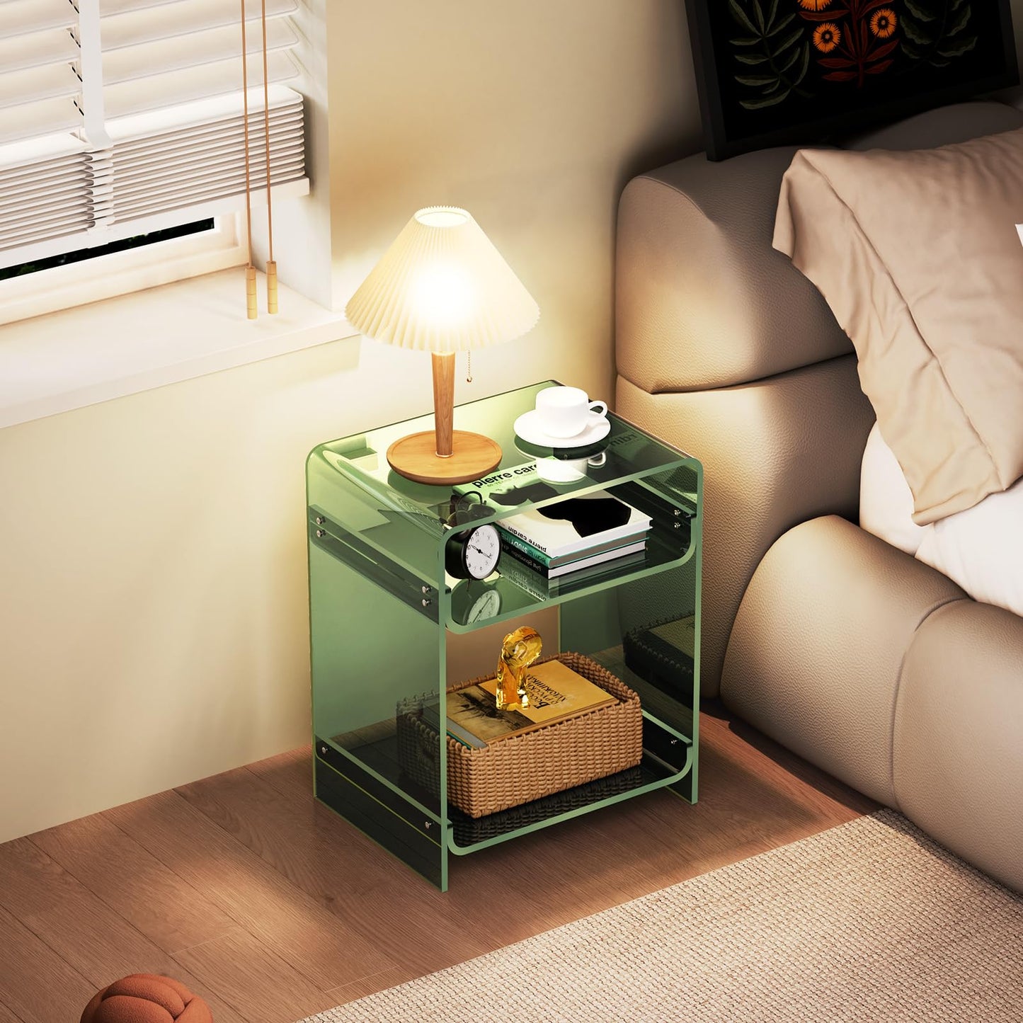 Acrylic End Table with Storage Shelf, Clear Side Table, Record Player Table, Nightstand, 15.7x19.7x11.8 (Green, 40×30×50 cm)