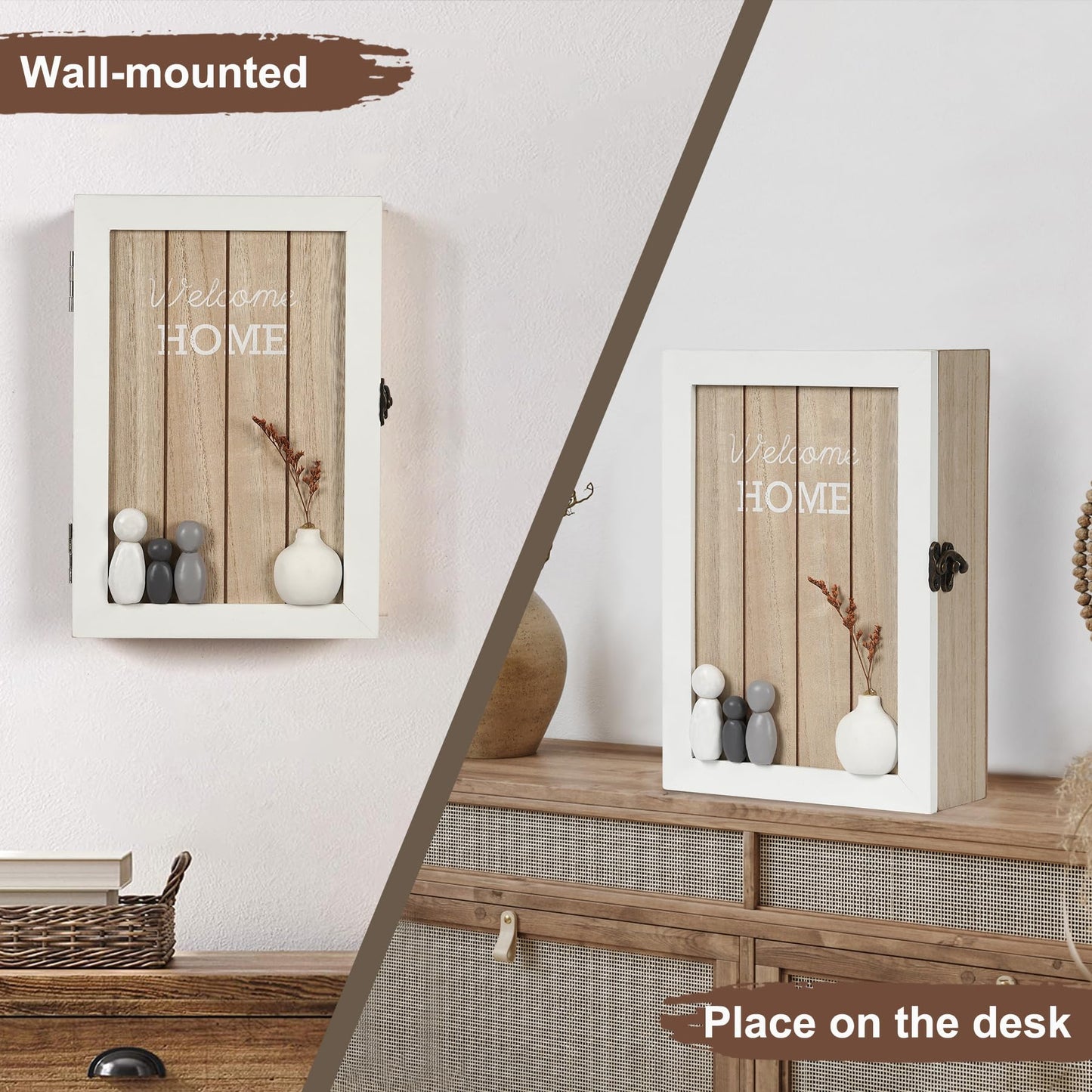 Optyuwah Wooden Key Cabinet with Dried Flowers Key Cabinet 6 Key Hooks Key Rack Wall Decoration L for Entrance, Hallway, Office Key Holder L White