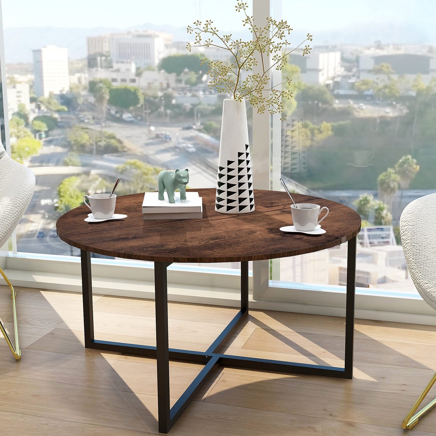 HOMERECOMMEND Round Coffee Table Tea Table Dining Table Modern Office Desk End Table Sofa Table for Living Room Rustic Brown/Black