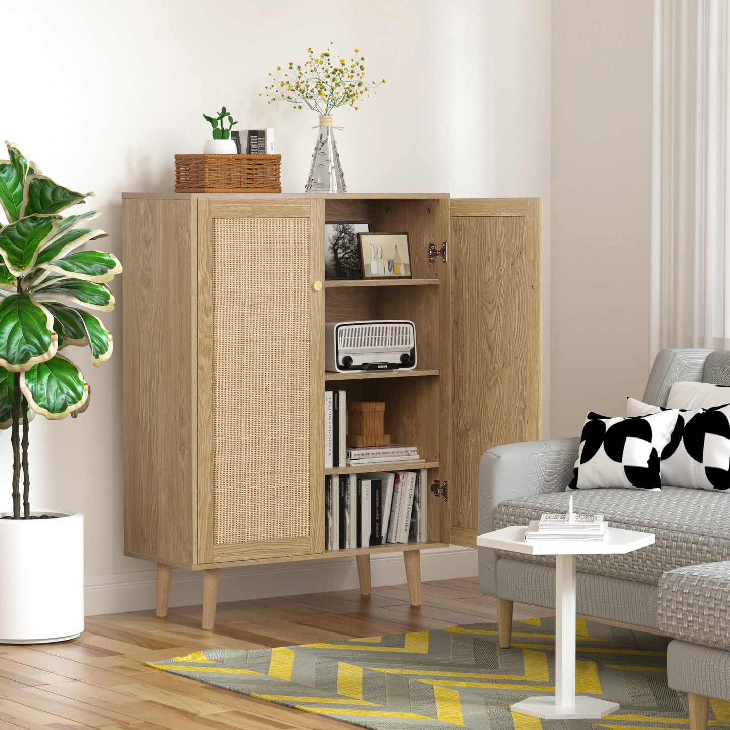 Skokliz Rattan Storage Cabinet with Doors, 44" H Tall Sideboard Storage with Adjustable Shelves
