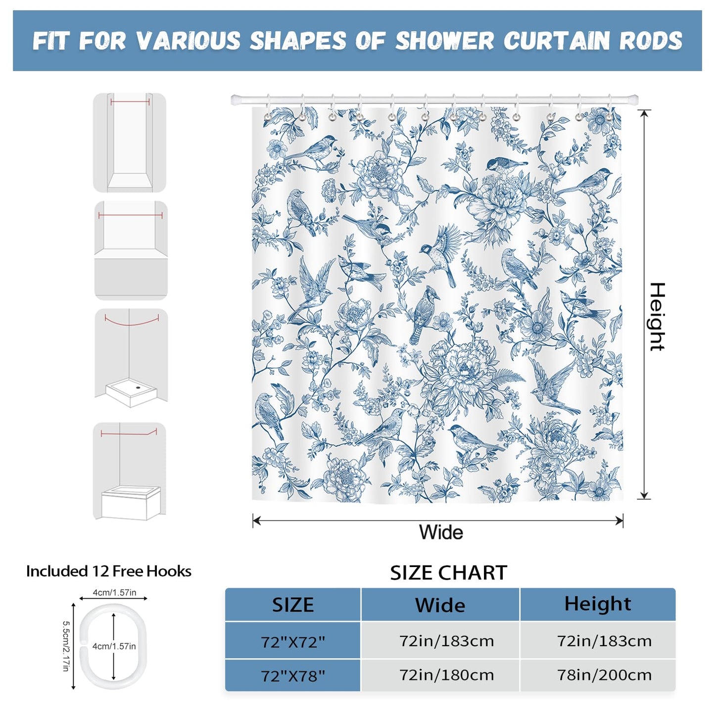 hometrixx Farmhouse Vintage Blue Floral Birds Shower Curtain 180x200cm