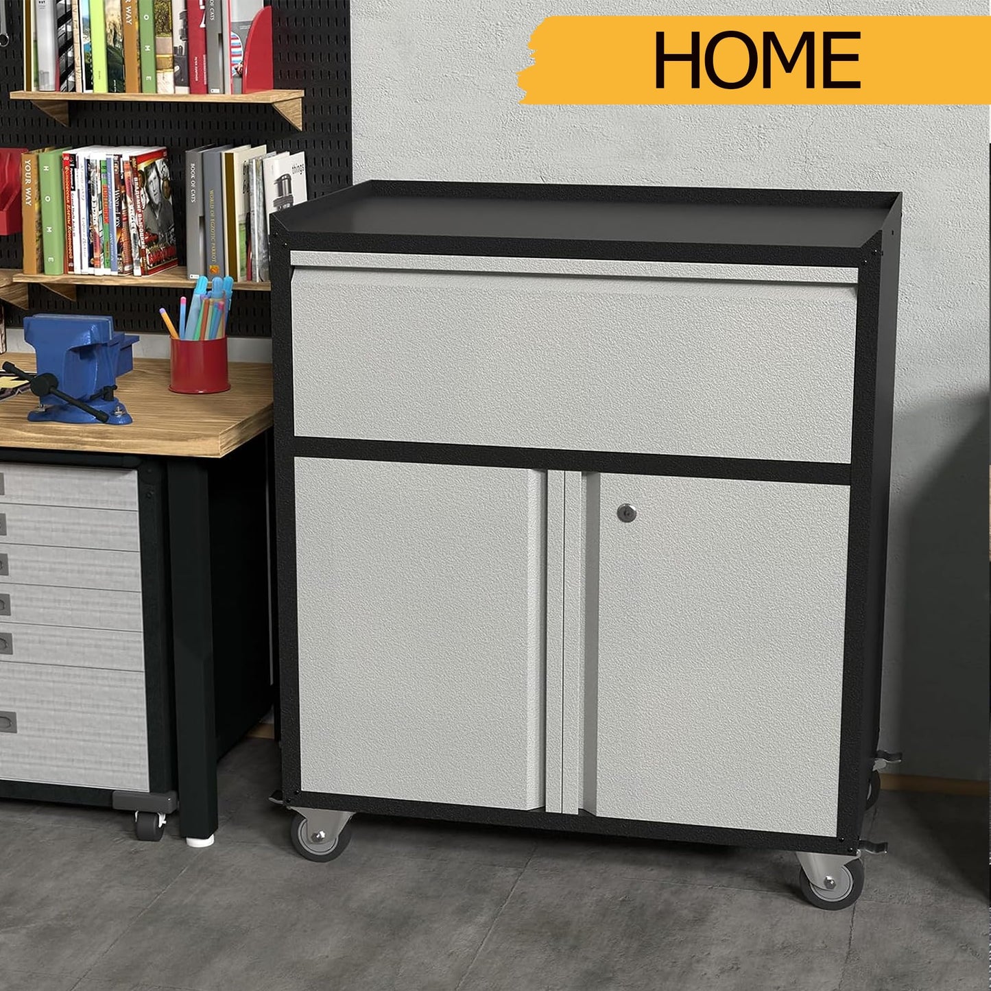 SUPEER Metal Garage Cabinet with Wheels and 2 Doors &1 Drawer