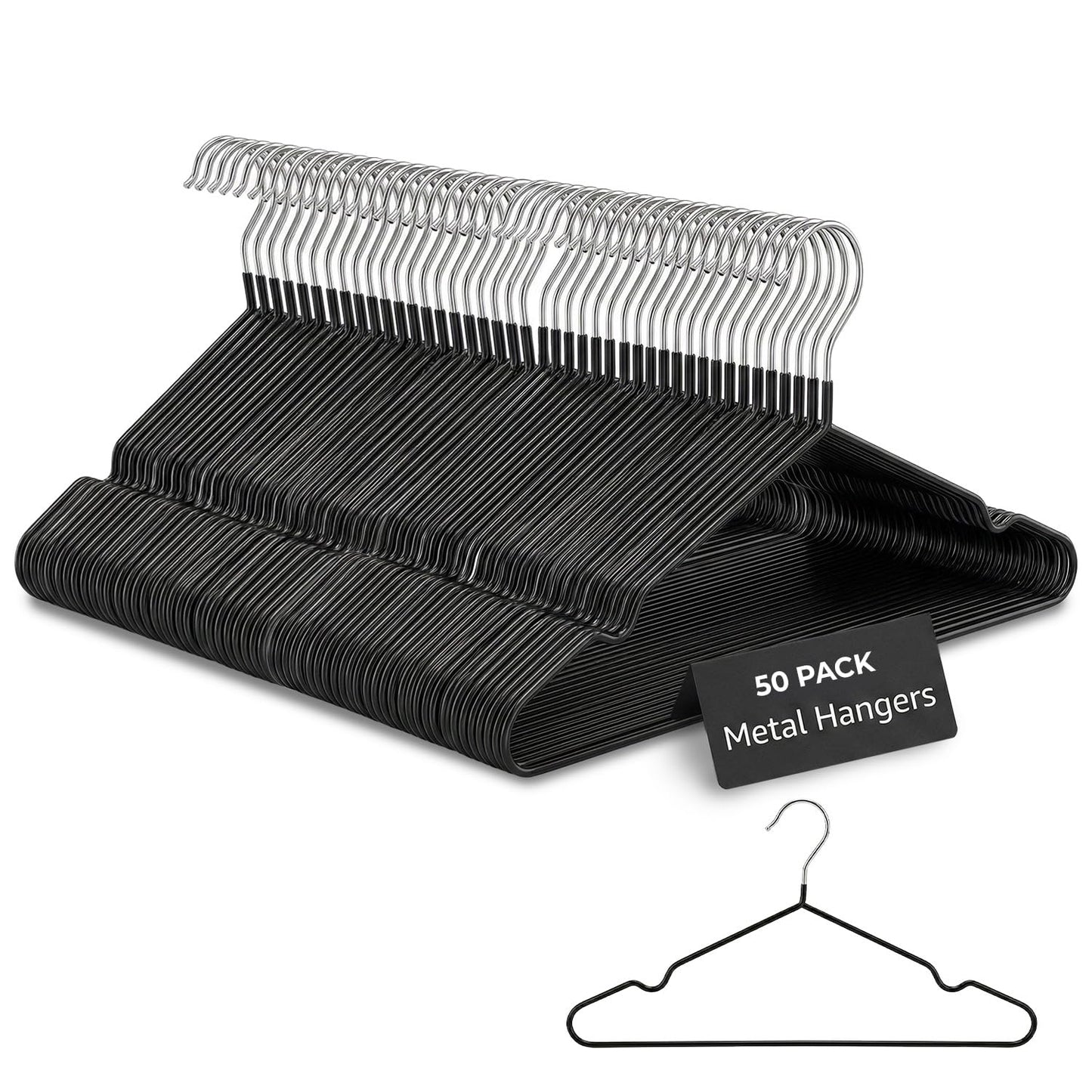 Rainberg 50 Pack Premium Rubber Coated Metal Hangers, Heavy Duty, Space Saving Organiser Clothes Hangers For Wardrobes