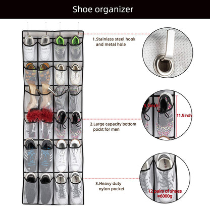 SAVERHO Hanging Shoe Organizer, Over The Door Shoe Organizer with 24 Mesh Large Pockets Door Shoe Rack for Men Women Kids Hanging Door Shoe Holder