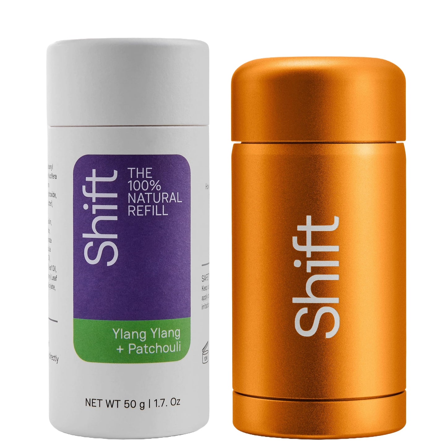 Shift - 100% Plastic Free, Natural Refillable Deodorant Set - Orange Shell - Ylang Ylang & Patchouli Refill - No Aluminium, No Baking Soda