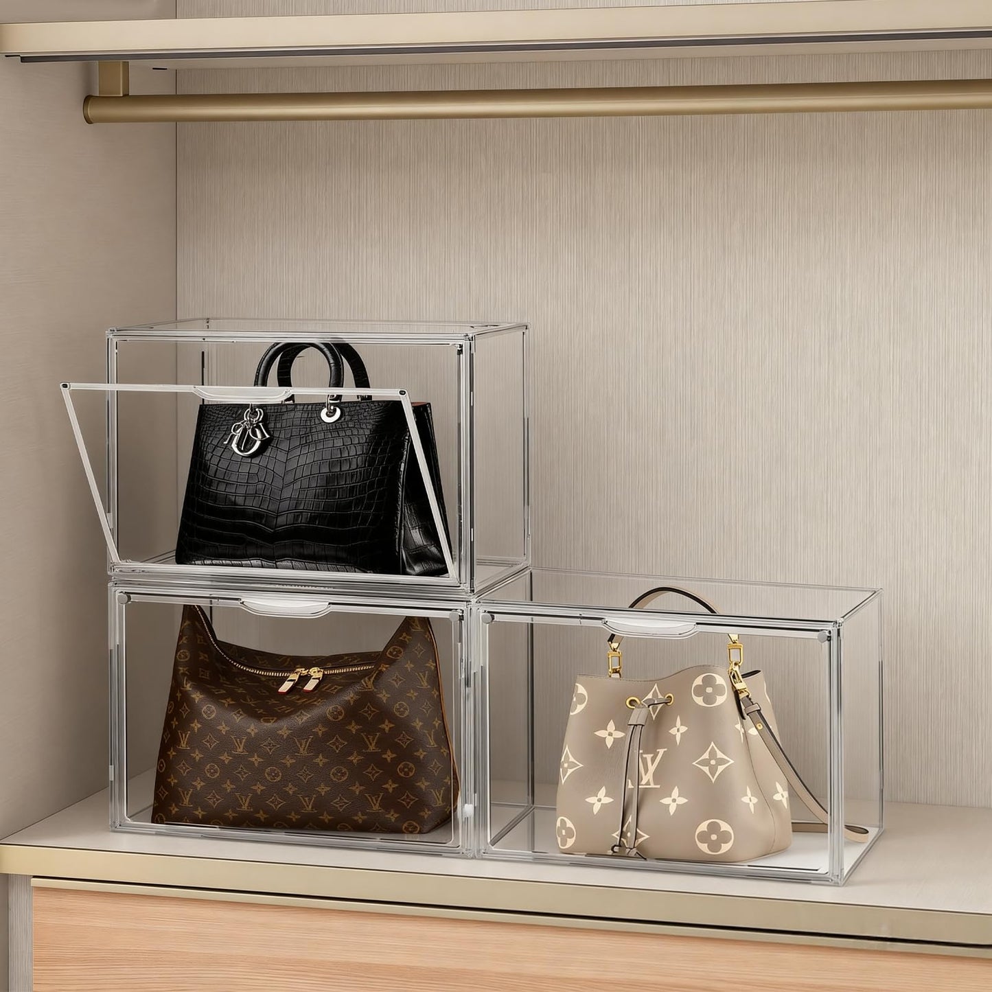 Cutora 6Pack Purse Organizer for Closet Clear Acrylic Display Case Handbag Storage Organizer Box with Magnetic Door Stackable Storage Bins with