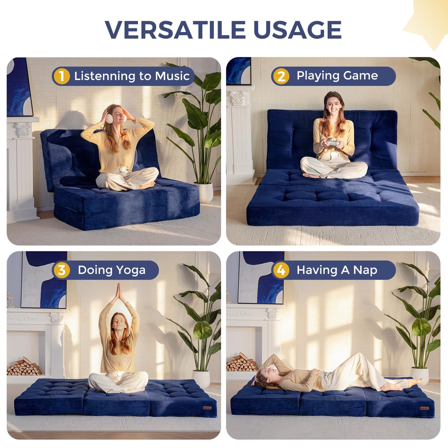 MAXYOYO Folding Mattress, Comfy Corduroy Foldable Mattress with 15cm Thicken Foam, Tri-Fold Floor Futon Sofa Bed for Guest,Dark blue,Double
