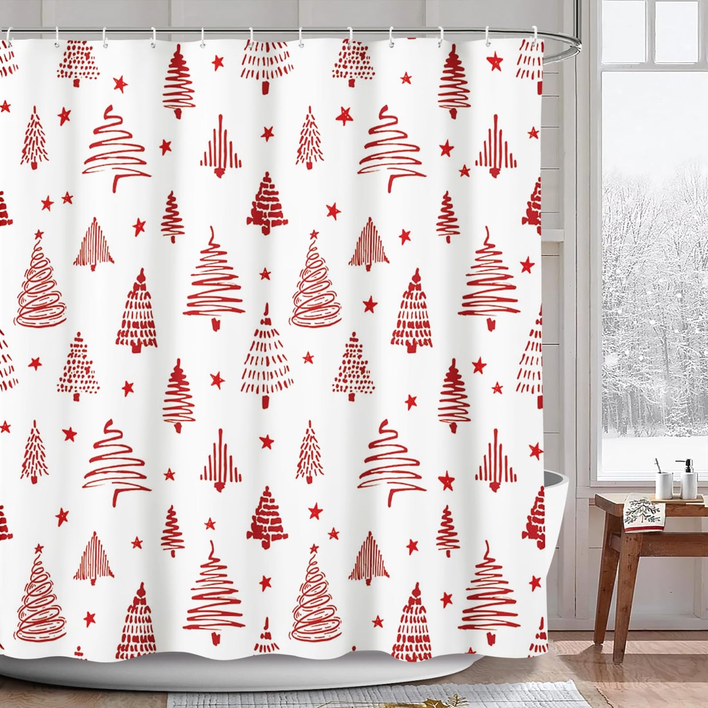 AIBIIN Christmas Shower Curtain Red Xmas Tree Stars Bath Curtains New Year Holiday Decor for Bathroom Durable Polyester Material with 12 Hooks