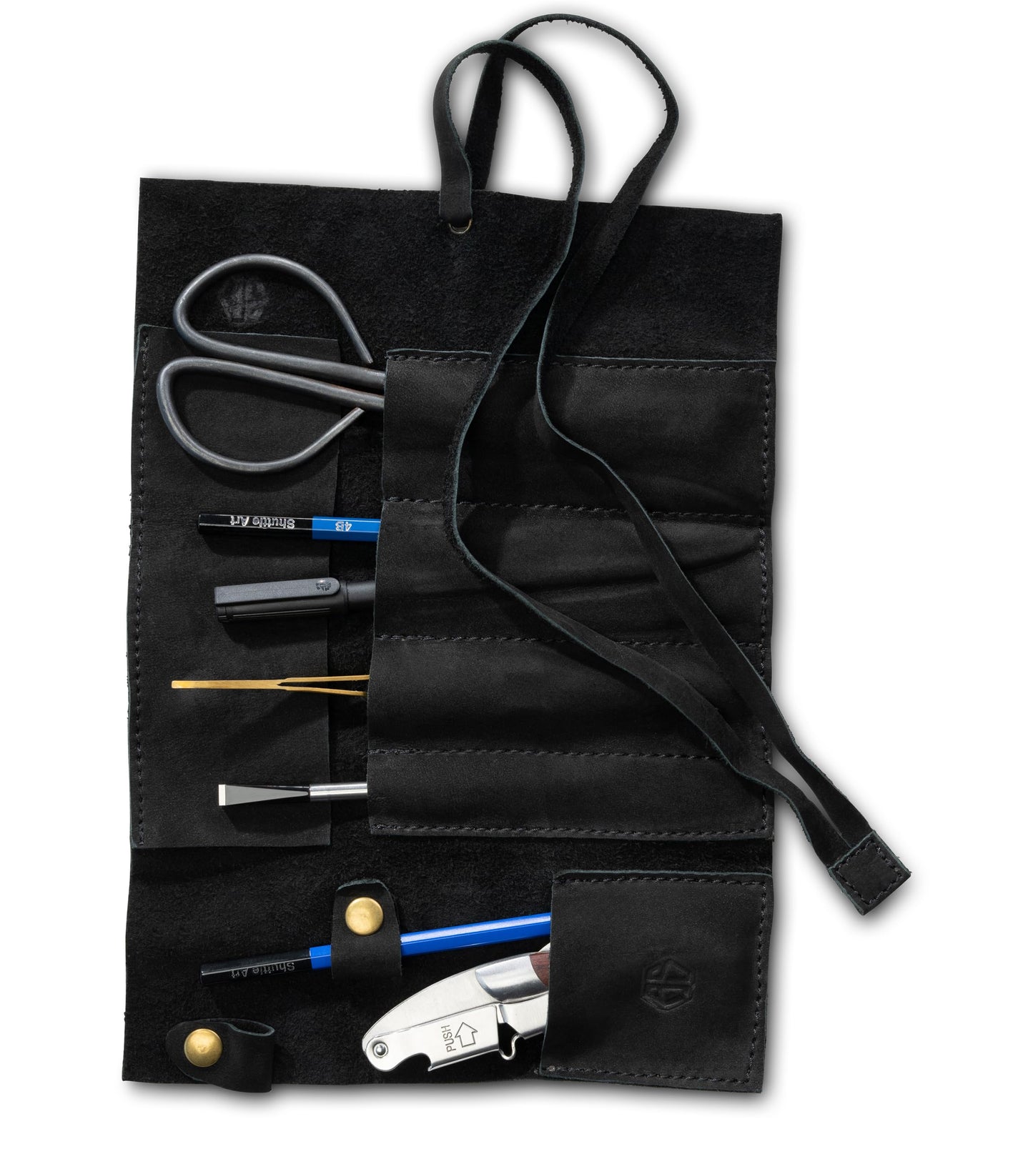 Angus Stoke Leather Roll Bag (Black) - Handmade Leather Case for Pens, Brushes and Accessories, 4 Compartments, Leonardo