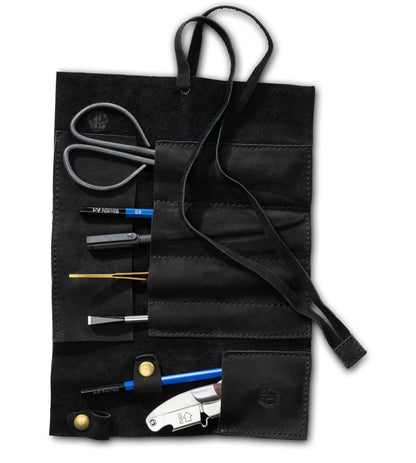 Angus Stoke Leather Roll Bag Black - Handmade Leather Case for Pens, Brushes and Accessories, 4 Compartments, Leonardo