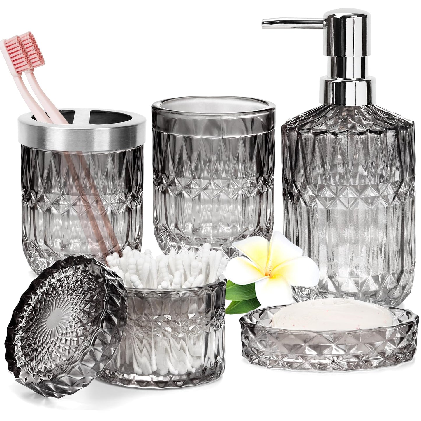 Glass Bathroom Accessories Set - 5Pc Toothbrush Holder Set with Tumbler, Soap Dish & Cotton Swab Jar