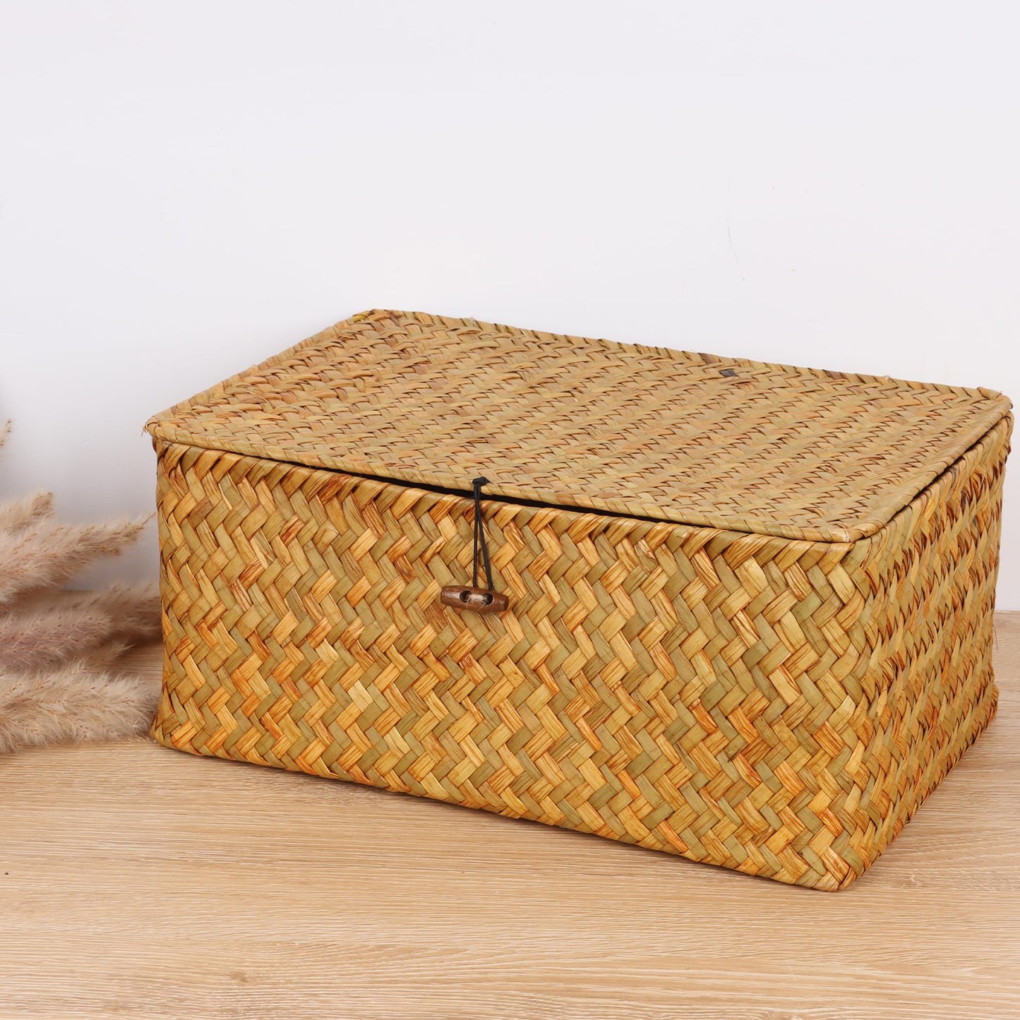FEIALNDUO Wicker Shelf Baskets with Lid,Seagrass Storage Basket Bins Rectangular Handwoven Basket Boxes for Shelves Desktop Home Organizer