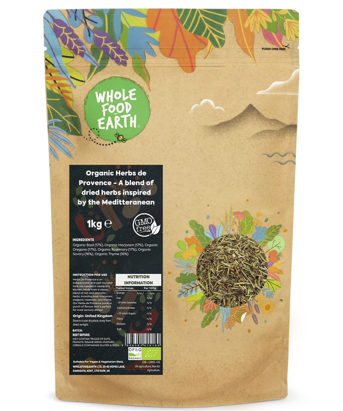 Wholefood Earth Organic Herbs de Provence - A Blend of Dried Herbs Inspired by The Meditteranean 1 kg | GMO Free | Certified Organic