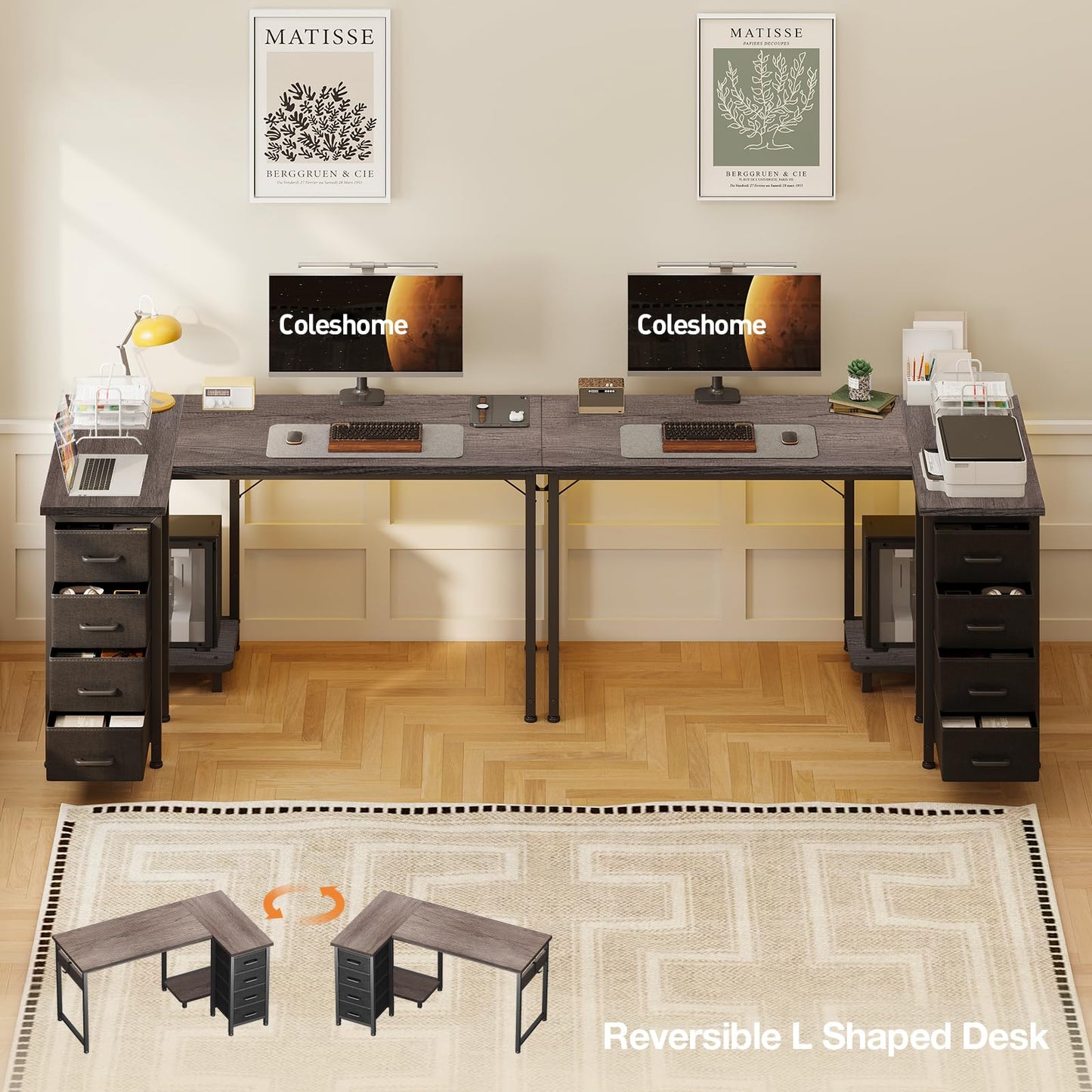 Coleshome Small Corner Desk with Drawers for Home Office, 120x70 cm, Grey