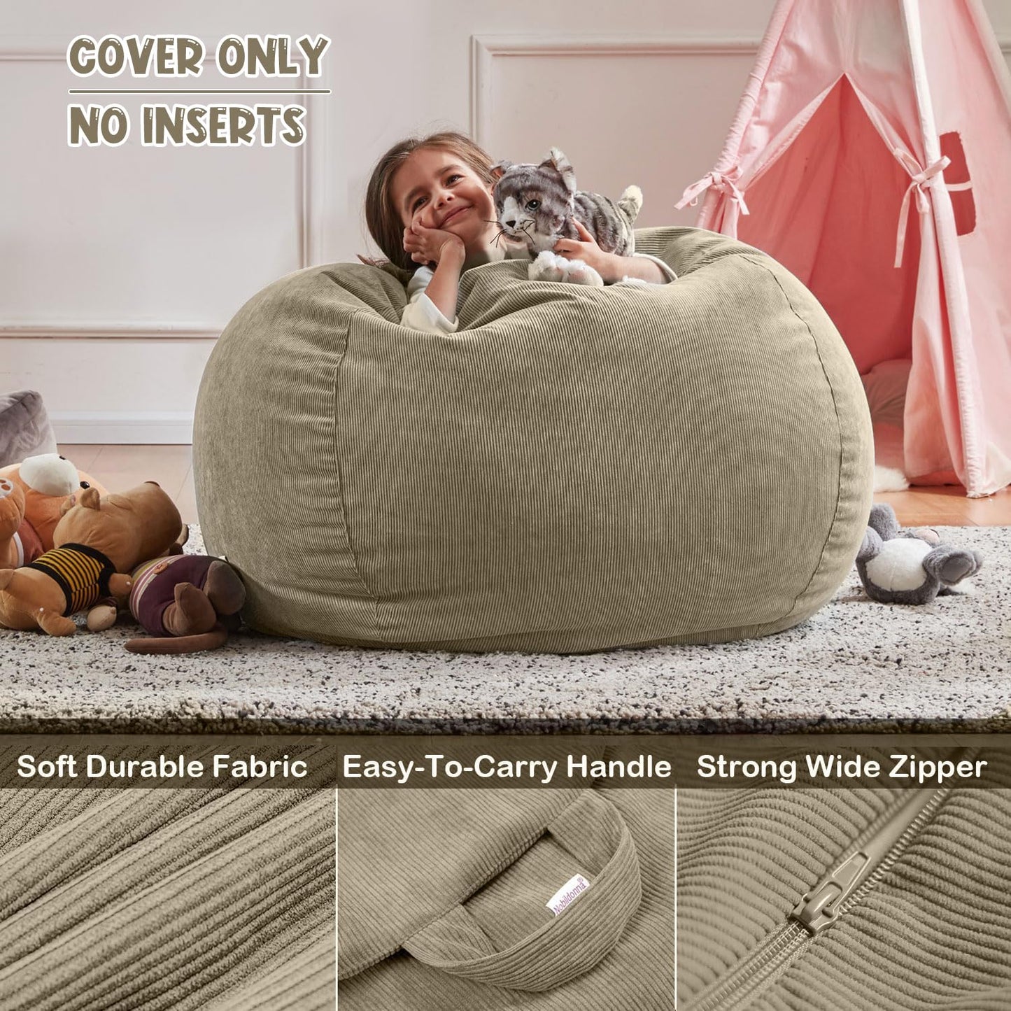 Nobildonna 3 ft Bean Bag Chair Cover (No Filler) for Adults and Kids 300L Extra Large Stuffed Animal Storage Bean Bag Washable Soft Premium Corduroy