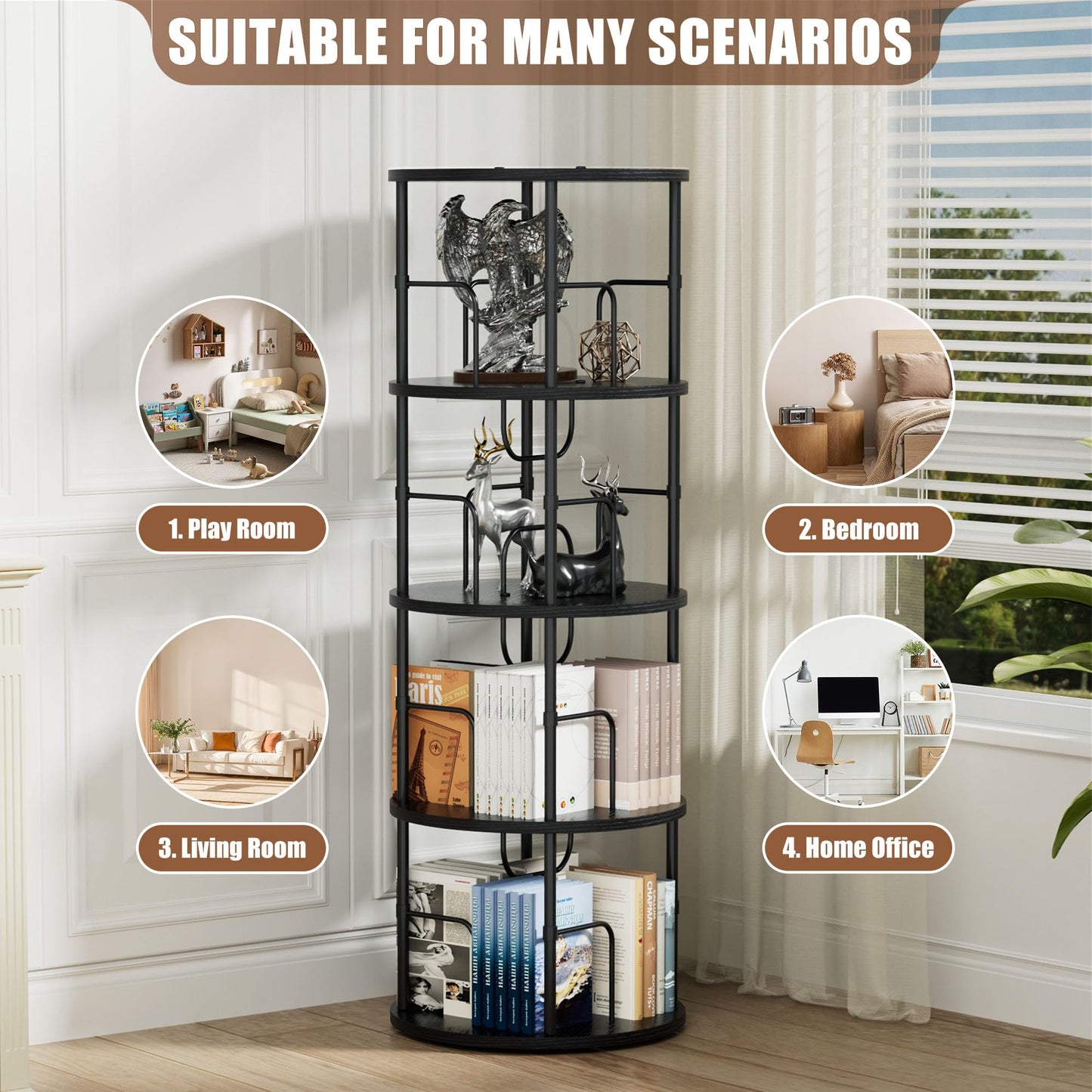 OCTORO 4 Tier Rotating Bookshelf, 360° Corner Bookshelf Tower, Round Revolving Bookcase with Adjustable Levels, Spinning Book Shelf for Home Office