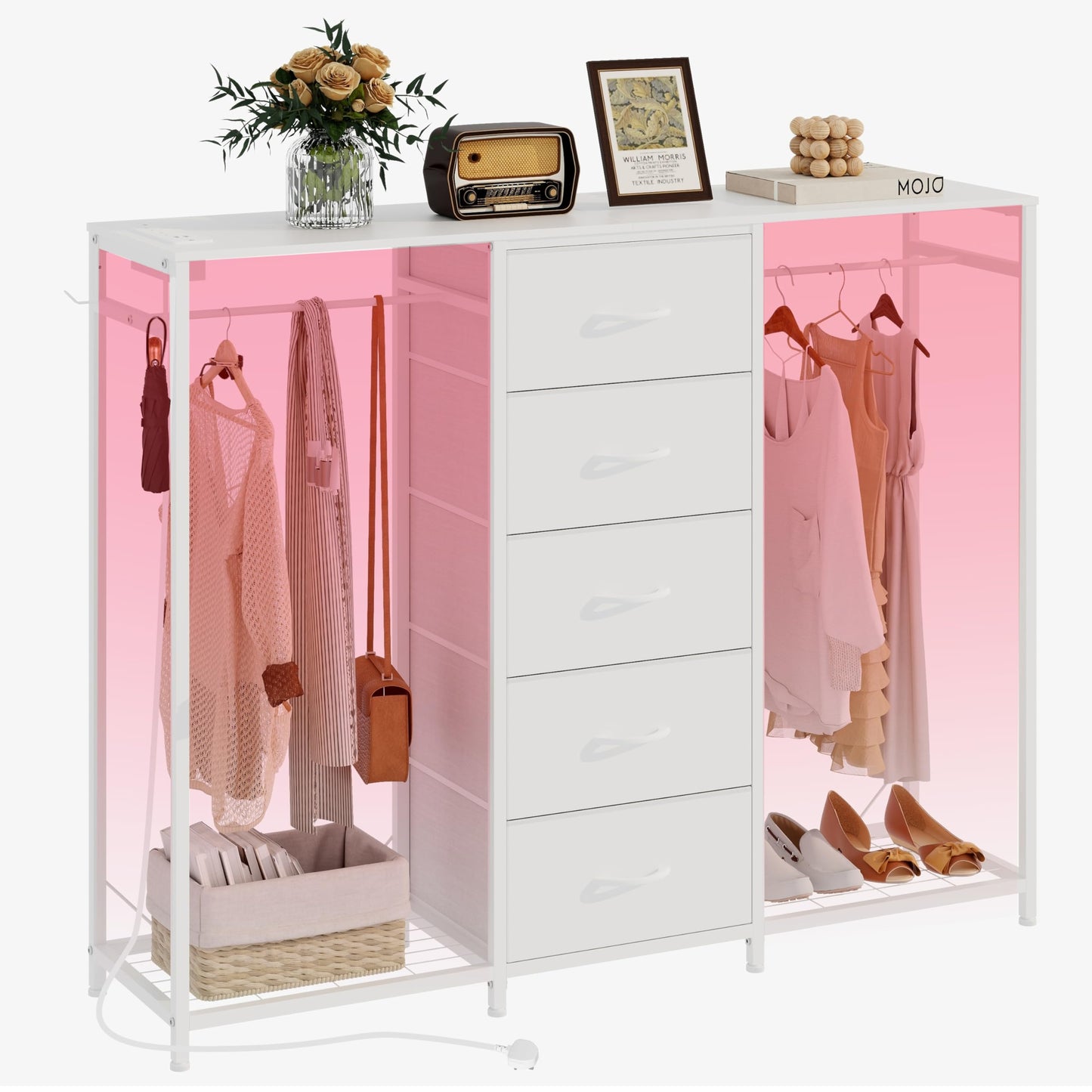 Trironsun 5 Drawer Dresser with Clothes Rack Chest of Drawers with Clothes Rail LED Lights Wardrobe Closet Drawers Charging Station Flexible Shelf