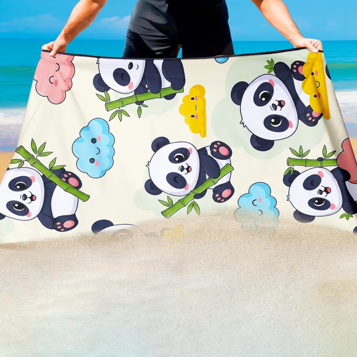 Violetpos Cute Panda & Cloud Beach Towel, Extra Large 180x90 cm 250GSM Microfibre, Sand Free Quick Dry