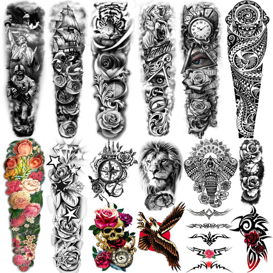 Yazhiji 16 Sheets Extra Large Temporary Tattoos 8 Sheets Full Arm Fake Tattoos and 8 Sheets Half Arm Tattoo Stickers for Men and Women