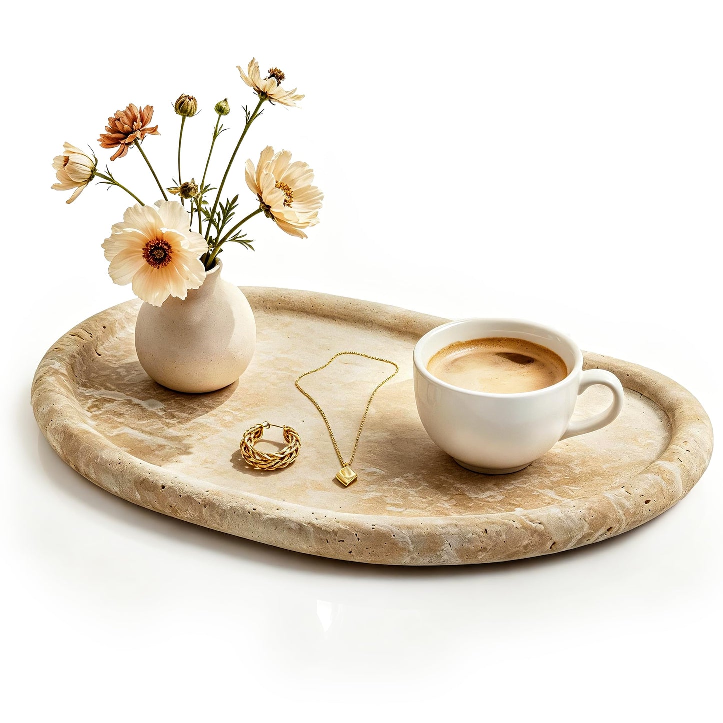 WORHE Natural Travertine Tray,Marble Ring Dish, 26 x18 x 1.5cm, Beige Large