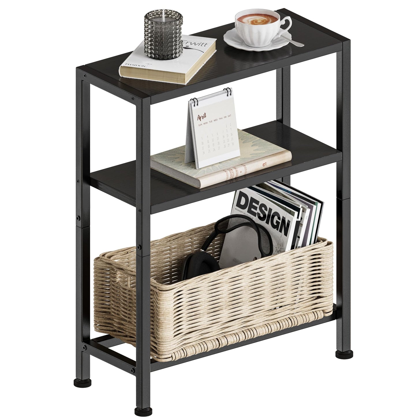 Vantimo Narrow Side Table, 3-Tier Small Shelving Unit, Slim Bedside Table for Small Space, Living Room, Bedroom, Sofa, Couch (Black)