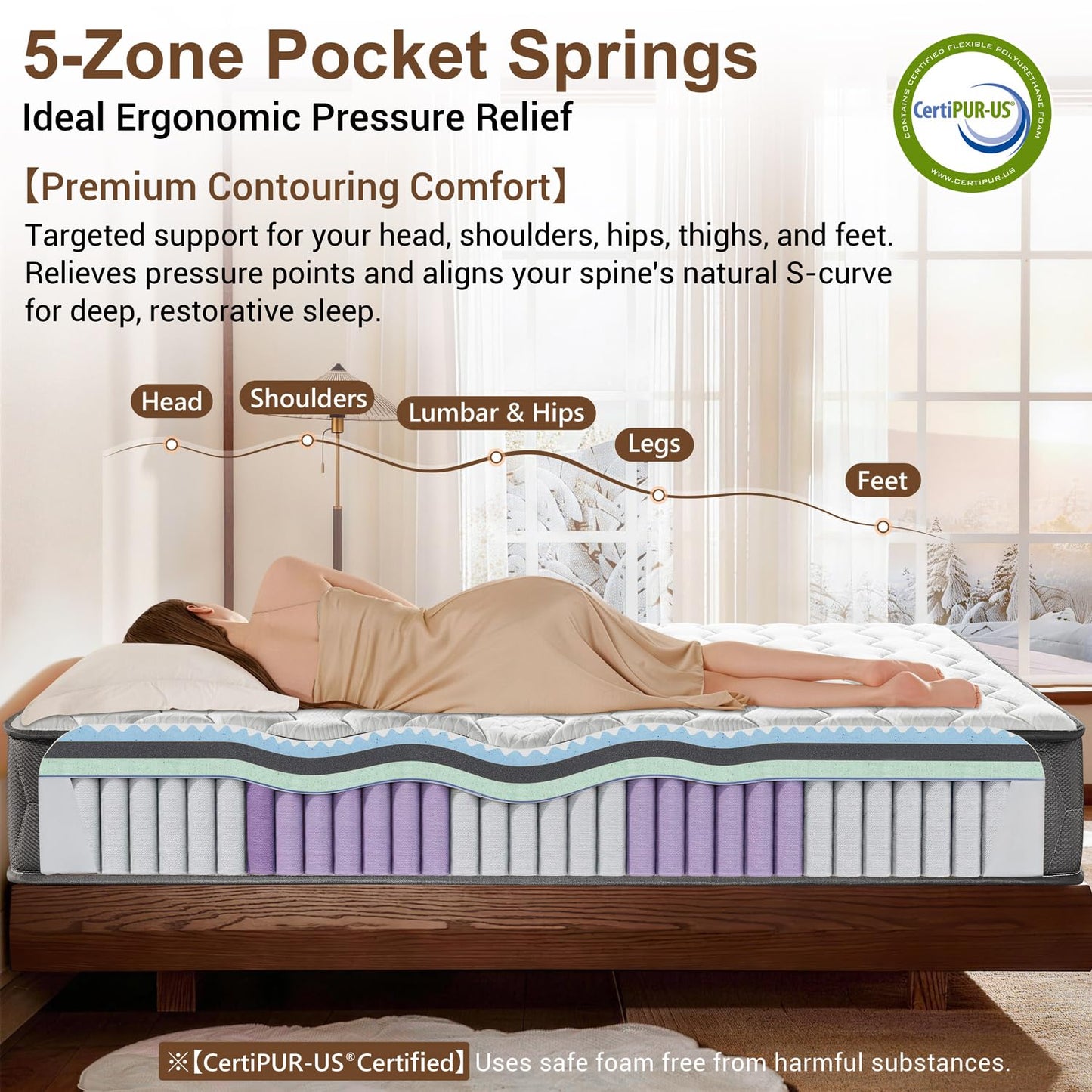 NineLan Orthopaedic Double Mattress 4FT6 for Back Pain Relief, 8.7 Inch Hybrid 5-Zone Pocket Sprung Mattress with Cooling Gel Memory Foam &