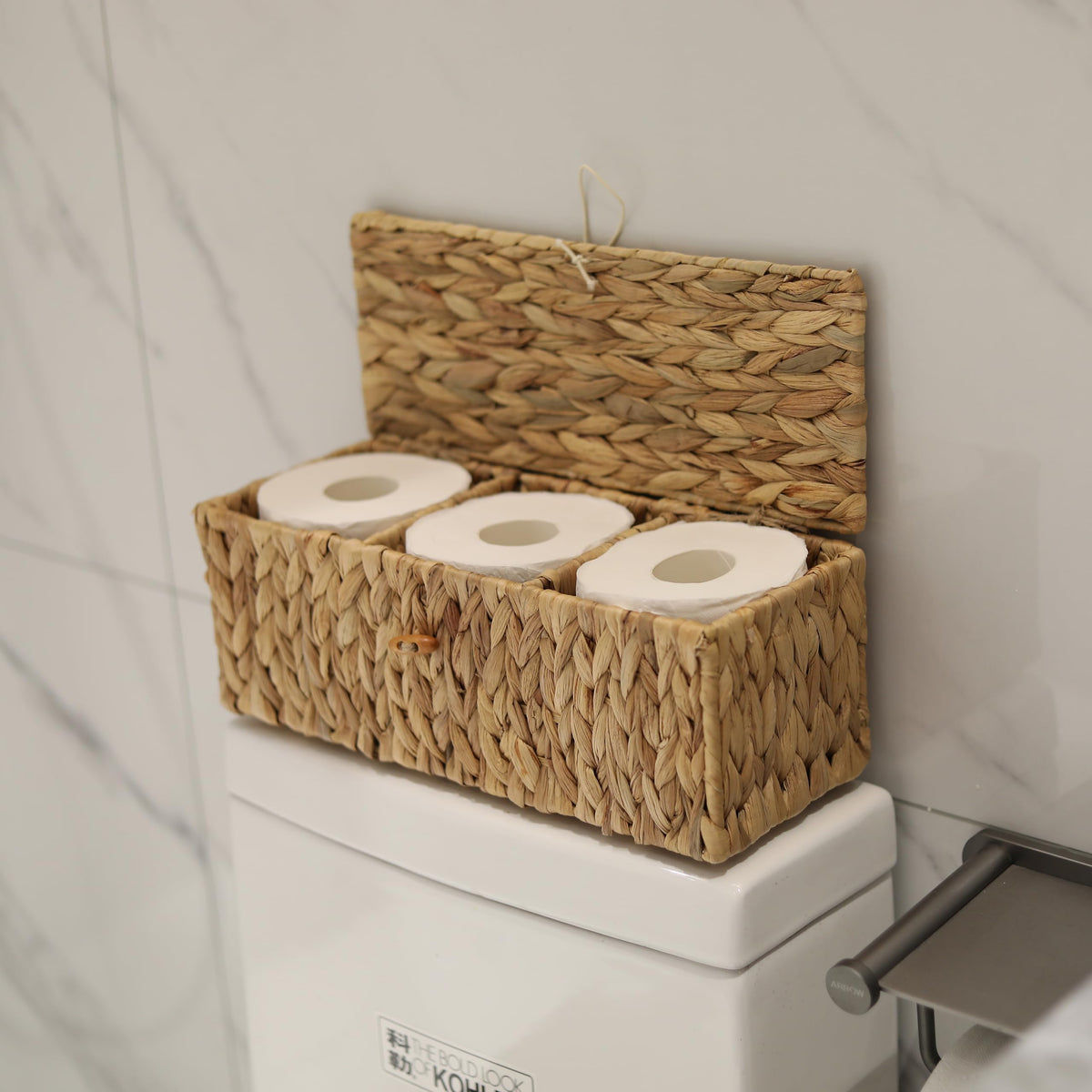 Wicker Bathroom Basket with Lid, Water Hyacinth Toilet Tank Basket with 3 Compartments, Woven Storage Box for Bathroom Organizer
