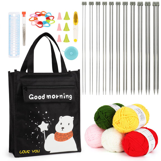 Aeelike Beginner Knitting Kit, Professional Knitting Set with 22pcs 35cm Long Metal Knitting Needles Set, 5x25g Yarns & Basic Knitting Tools, Kids