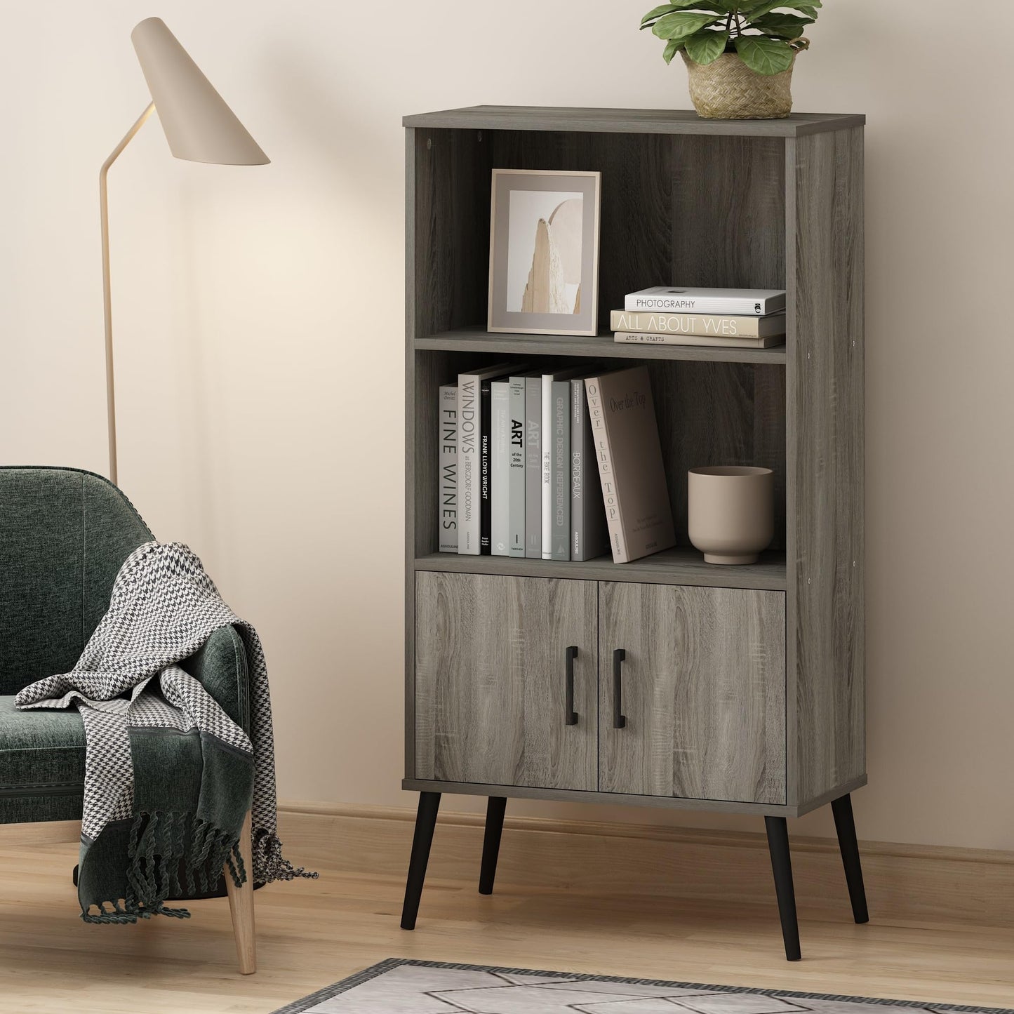 Furinno MIDCENTURY Storage Shelves, Storage Cabinet with Doors and Shelves, Bookshelf with Legs, for Living Room, Home Office, Grey Oak