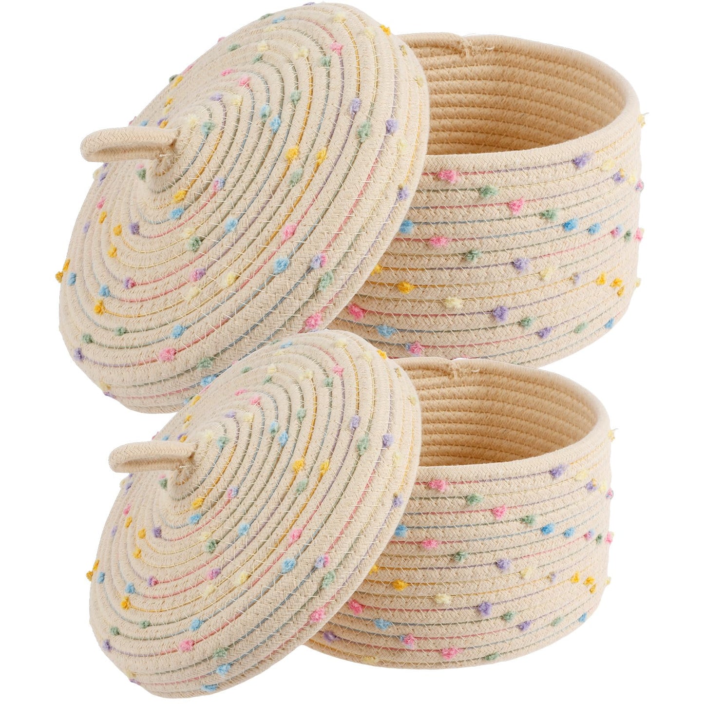 2Pcs Cotton Rope Storage Basket, 18.5cm 23cm Round Woven Shelf Storage Bin with Lid and Carrying Handle
