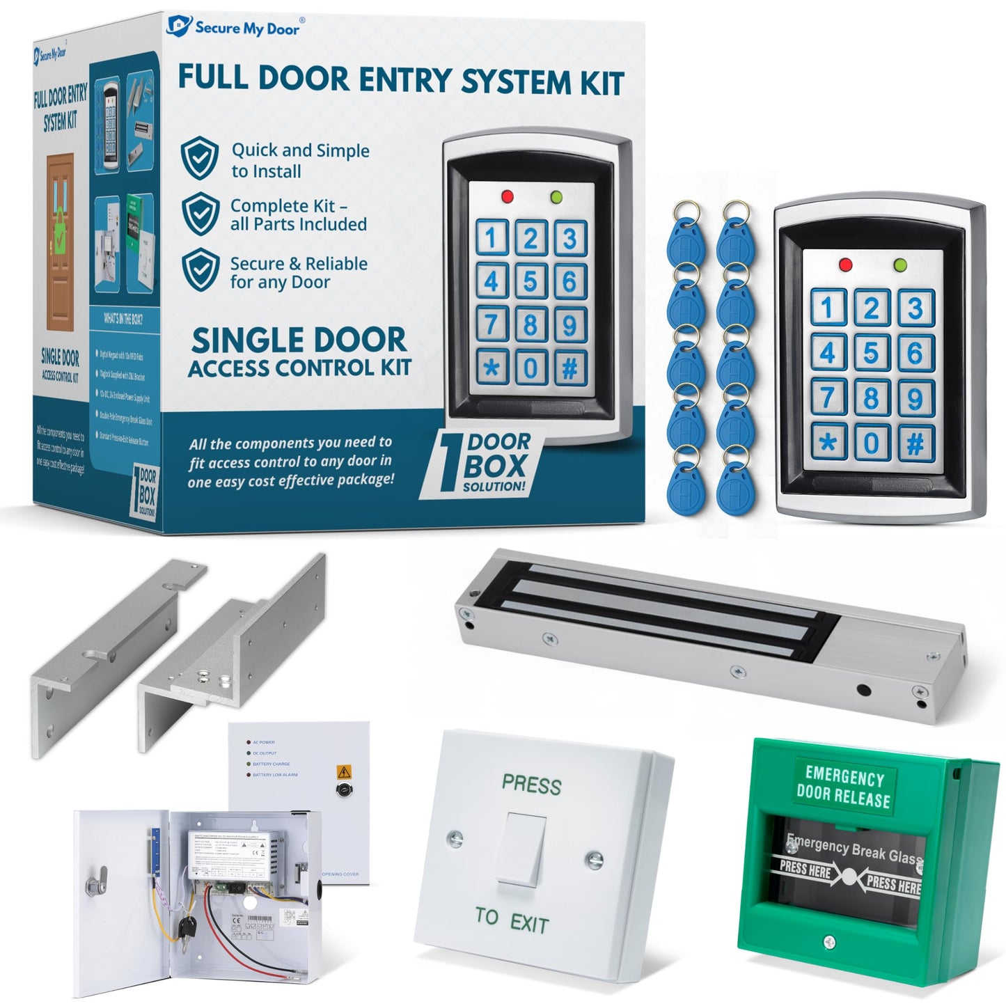 SecureMyDoor - Full Door Entry Kit | Security System with Electric Maglock Lock | Proximity Keypad Entry with x10 RFID Proximity Fobs Included | Ideal