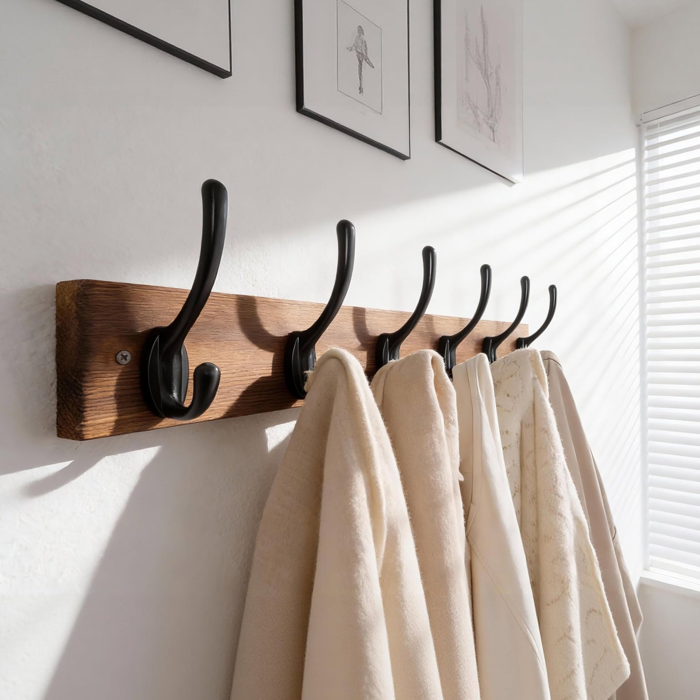 HONSKY Wall Coat Rack - 6 Double Hooks (44cm) | Wooden & Metal Towel/Coat Hanger for Entryway, Bathroom, Bedroom, Garage