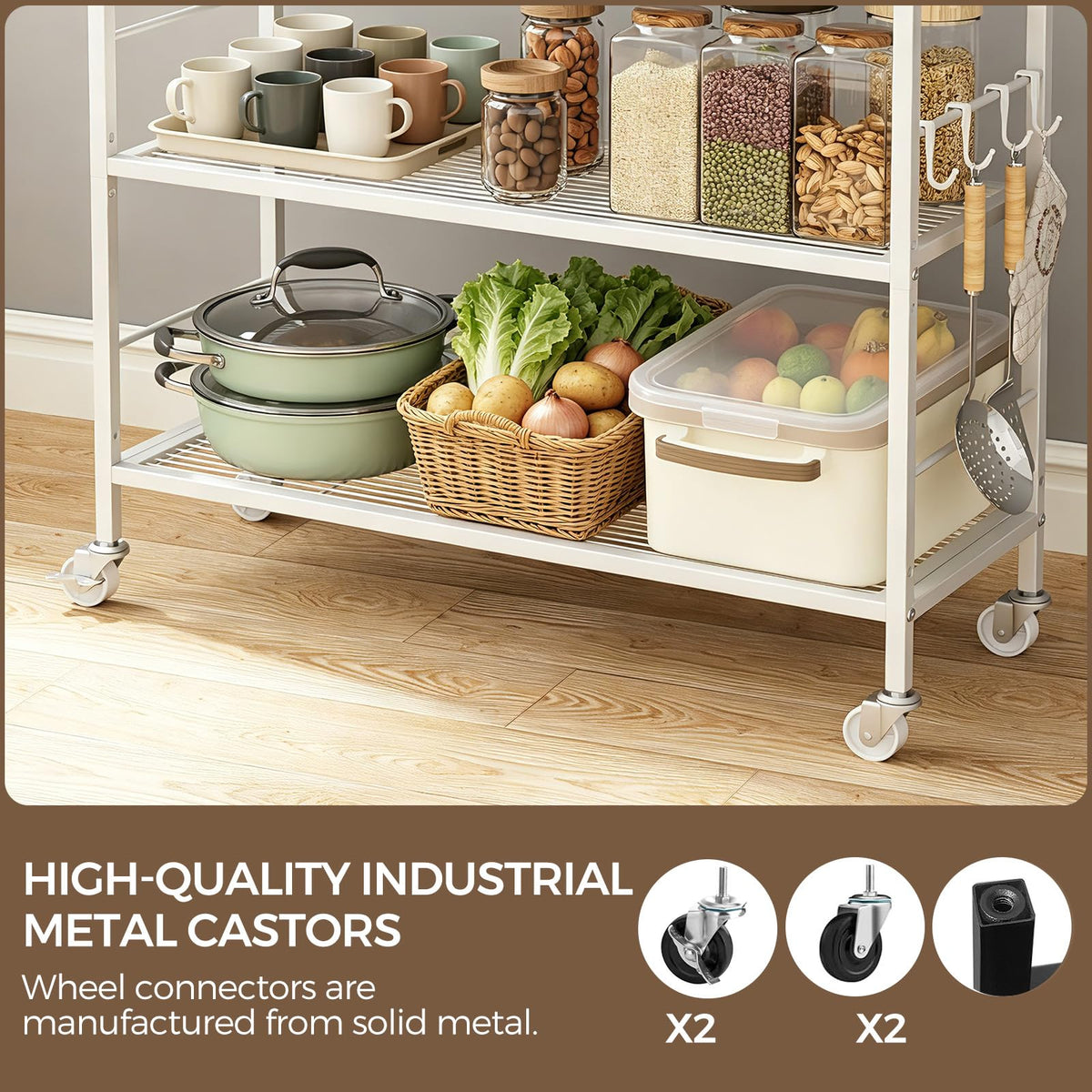 3-Tier kitchen trolley,Oak Wood Top,80W×30Dcm,4 Hooks, Adjustable Shelves